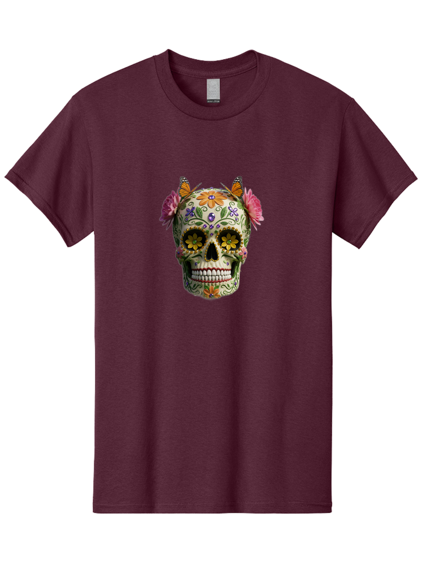 Sugar-Skull-23 Men'S Graphic Tee, 100% Cotton, Comfortable Casual Summer Wear, Machine Washable, Sugar Skull, Floral Designs, Vibrant Colors, Butterfly Decorations, Day Of The Dead, Mexican Culture, Festive Atmosphere, Colorful Flowers, Bad773