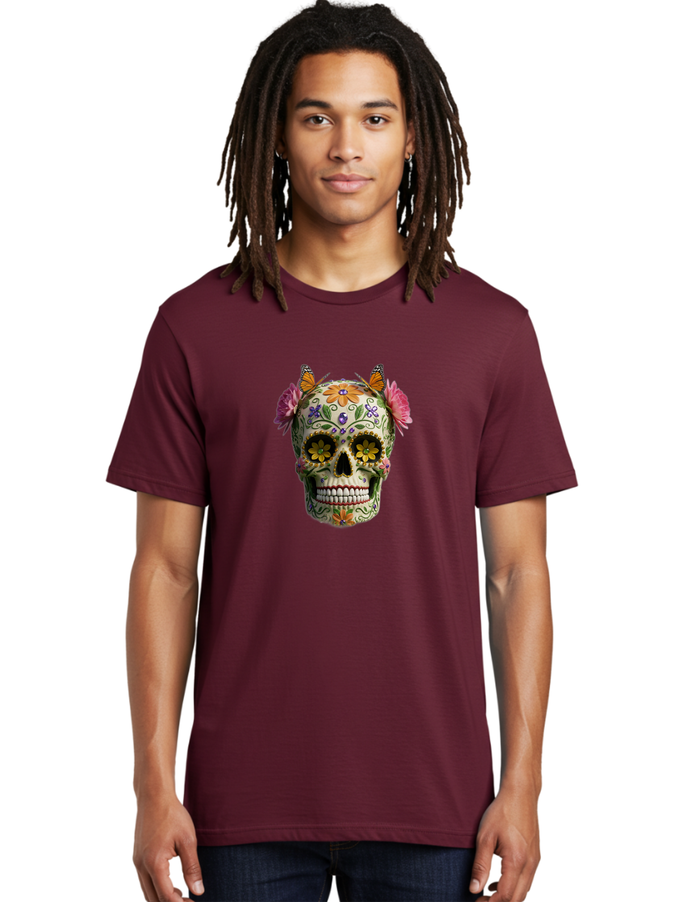 Sugar-Skull-23 Men'S Graphic Tee, 100% Cotton, Comfortable Casual Summer Wear, Machine Washable, Sugar Skull, Floral Designs, Vibrant Colors, Butterfly Decorations, Day Of The Dead, Mexican Culture, Festive Atmosphere, Colorful Flowers, Bad773