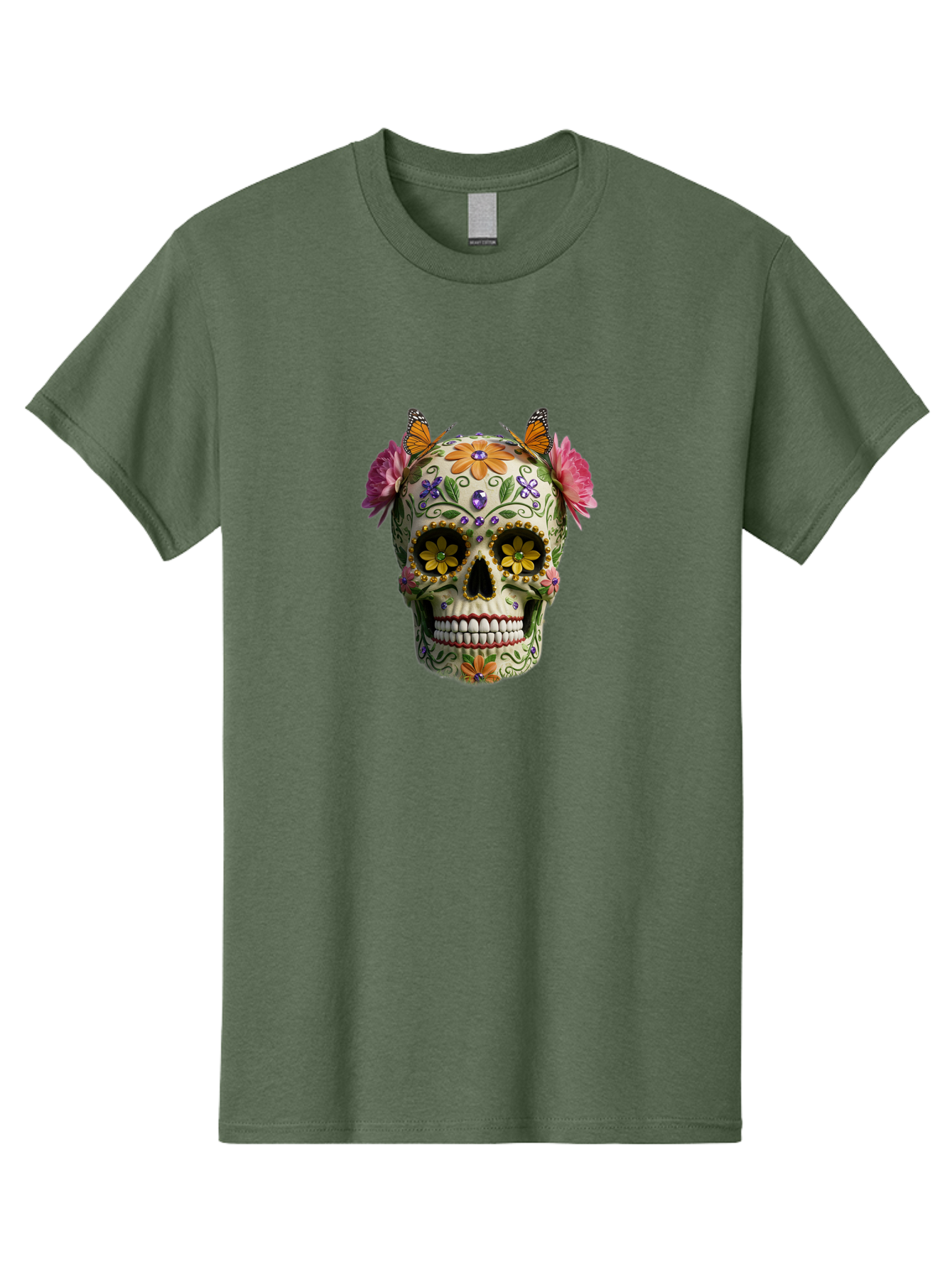 Sugar-Skull-23 Men'S Graphic Tee, 100% Cotton, Comfortable Casual Summer Wear, Machine Washable, Sugar Skull, Floral Designs, Vibrant Colors, Butterfly Decorations, Day Of The Dead, Mexican Culture, Festive Atmosphere, Colorful Flowers, Bad773