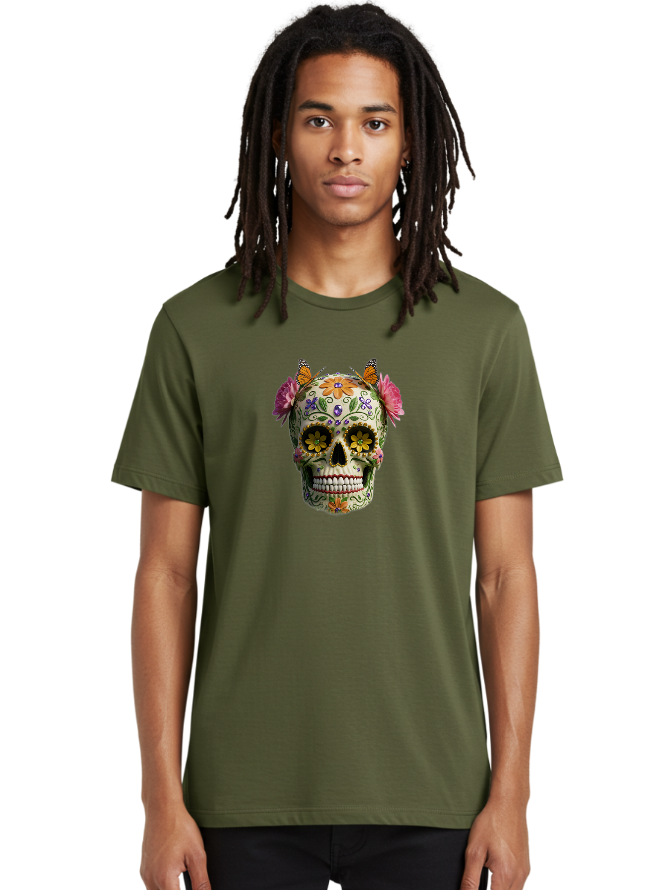 Sugar-Skull-23 Men'S Graphic Tee, 100% Cotton, Comfortable Casual Summer Wear, Machine Washable, Sugar Skull, Floral Designs, Vibrant Colors, Butterfly Decorations, Day Of The Dead, Mexican Culture, Festive Atmosphere, Colorful Flowers, Bad773