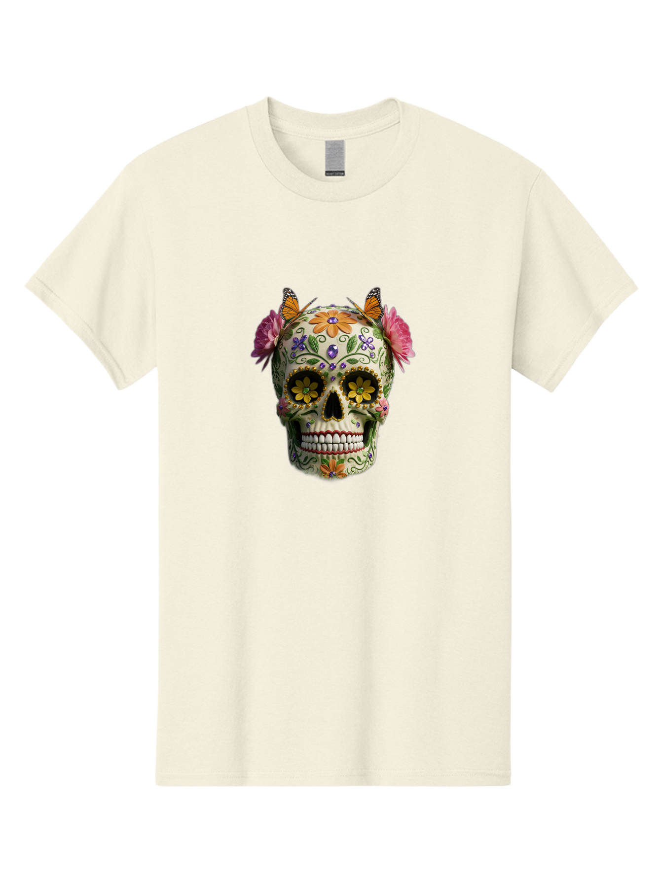 Sugar-Skull-23 Men'S Graphic Tee, 100% Cotton, Comfortable Casual Summer Wear, Machine Washable, Sugar Skull, Floral Designs, Vibrant Colors, Butterfly Decorations, Day Of The Dead, Mexican Culture, Festive Atmosphere, Colorful Flowers, Bad773