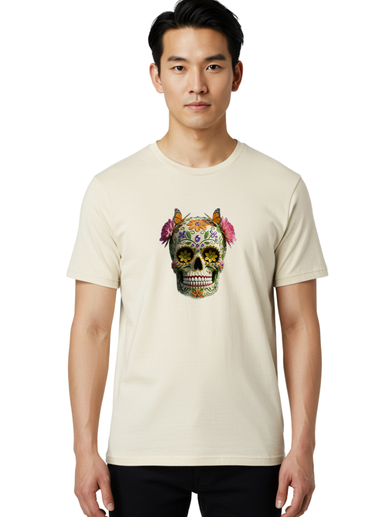 Sugar-Skull-23 Men'S Graphic Tee, 100% Cotton, Comfortable Casual Summer Wear, Machine Washable, Sugar Skull, Floral Designs, Vibrant Colors, Butterfly Decorations, Day Of The Dead, Mexican Culture, Festive Atmosphere, Colorful Flowers, Bad773