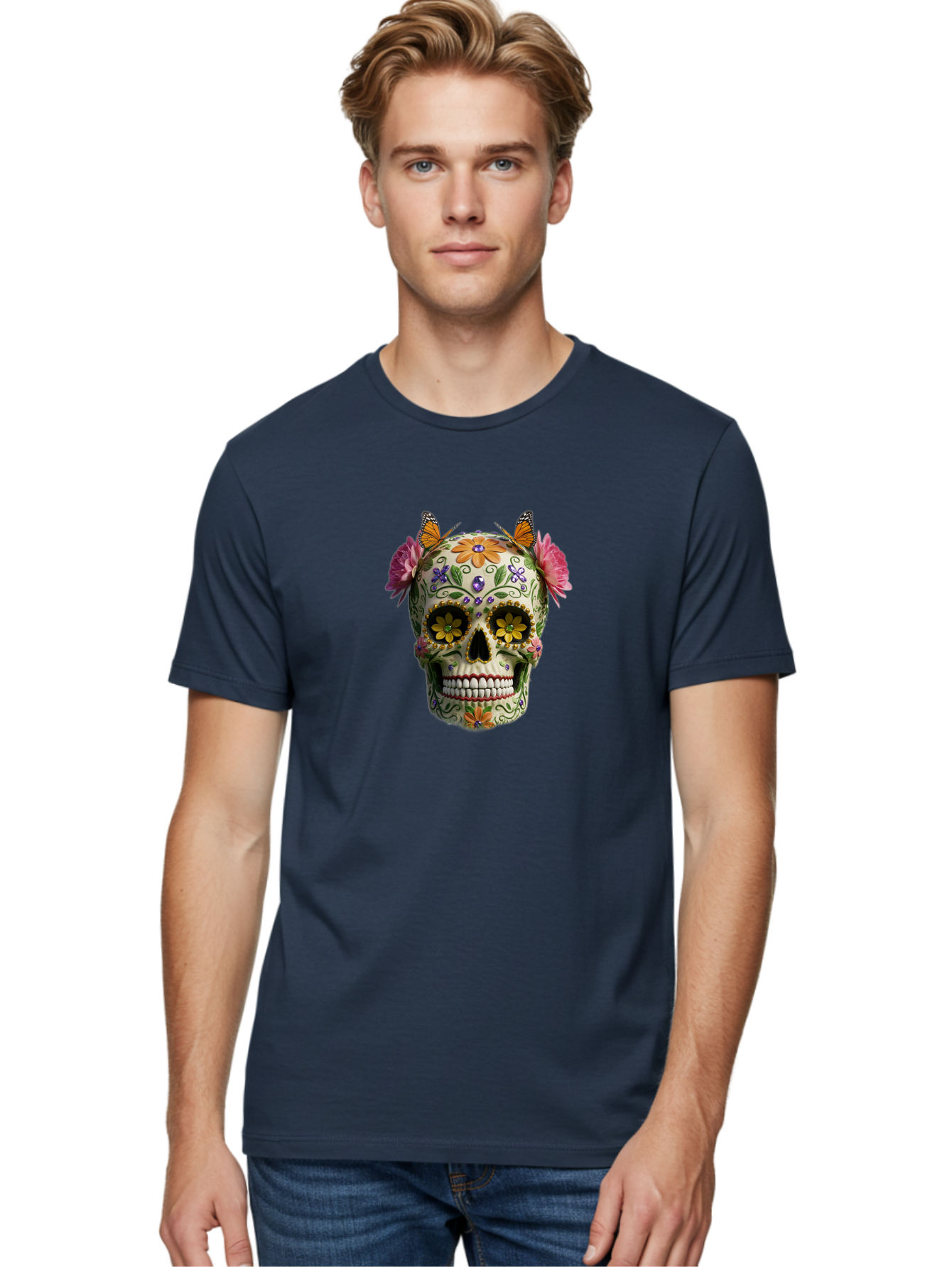 Sugar-Skull-23 Men'S Graphic Tee, 100% Cotton, Comfortable Casual Summer Wear, Machine Washable, Sugar Skull, Floral Designs, Vibrant Colors, Butterfly Decorations, Day Of The Dead, Mexican Culture, Festive Atmosphere, Colorful Flowers, Bad773