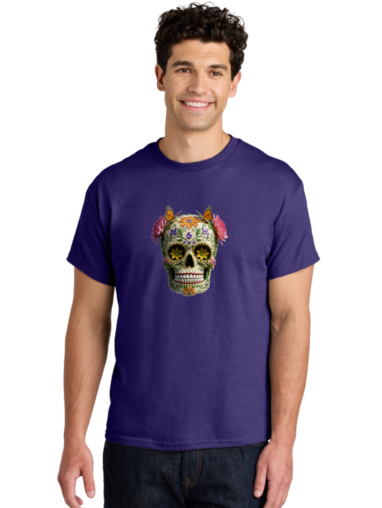 Sugar-Skull-23 Men'S Graphic Tee, 100% Cotton, Comfortable Casual Summer Wear, Machine Washable, Sugar Skull, Floral Designs, Vibrant Colors, Butterfly Decorations, Day Of The Dead, Mexican Culture, Festive Atmosphere, Colorful Flowers, Bad773