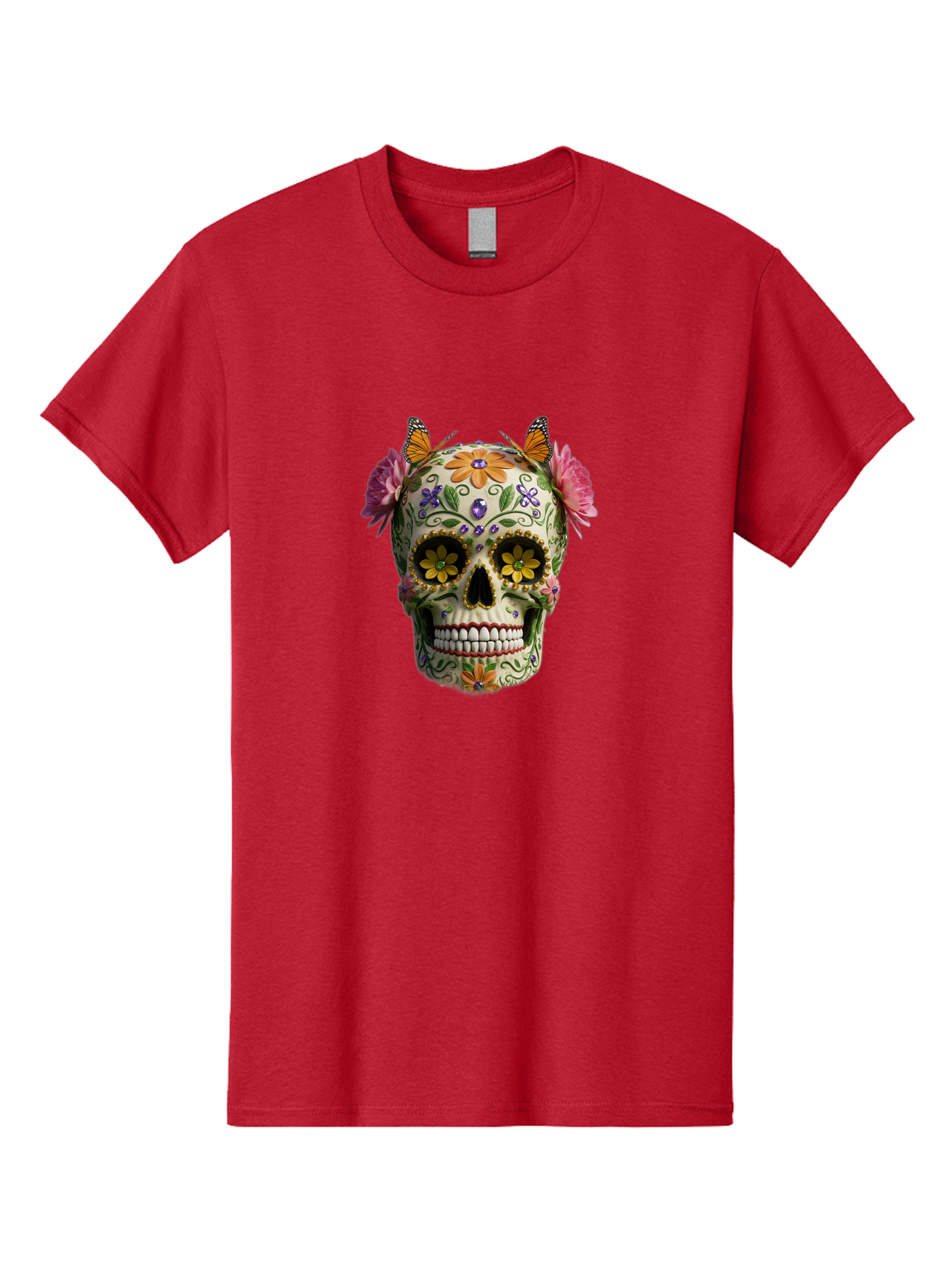 Sugar-Skull-23 Men'S Graphic Tee, 100% Cotton, Comfortable Casual Summer Wear, Machine Washable, Sugar Skull, Floral Designs, Vibrant Colors, Butterfly Decorations, Day Of The Dead, Mexican Culture, Festive Atmosphere, Colorful Flowers, Bad773