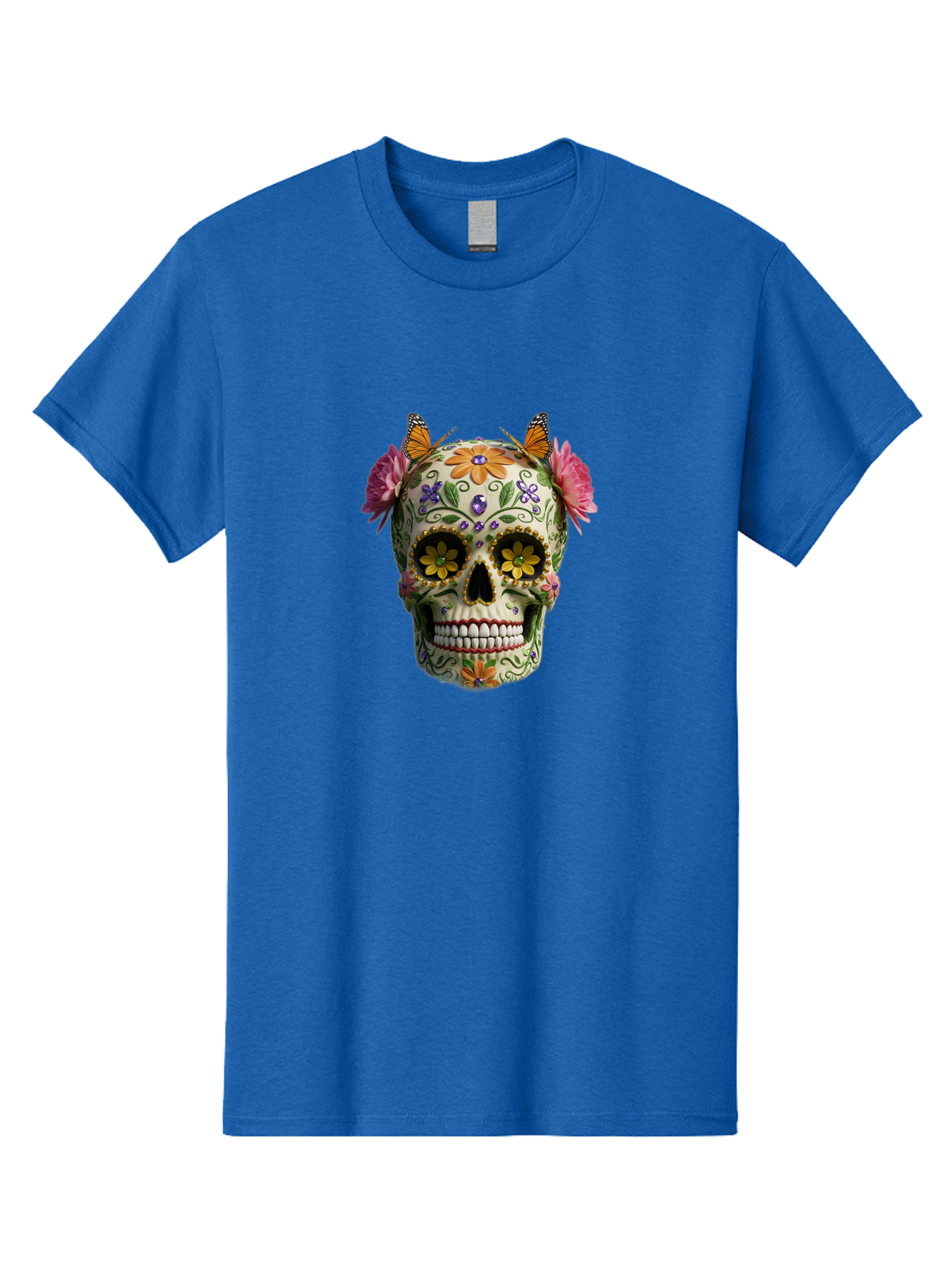 Sugar-Skull-23 Men'S Graphic Tee, 100% Cotton, Comfortable Casual Summer Wear, Machine Washable, Sugar Skull, Floral Designs, Vibrant Colors, Butterfly Decorations, Day Of The Dead, Mexican Culture, Festive Atmosphere, Colorful Flowers, Bad773