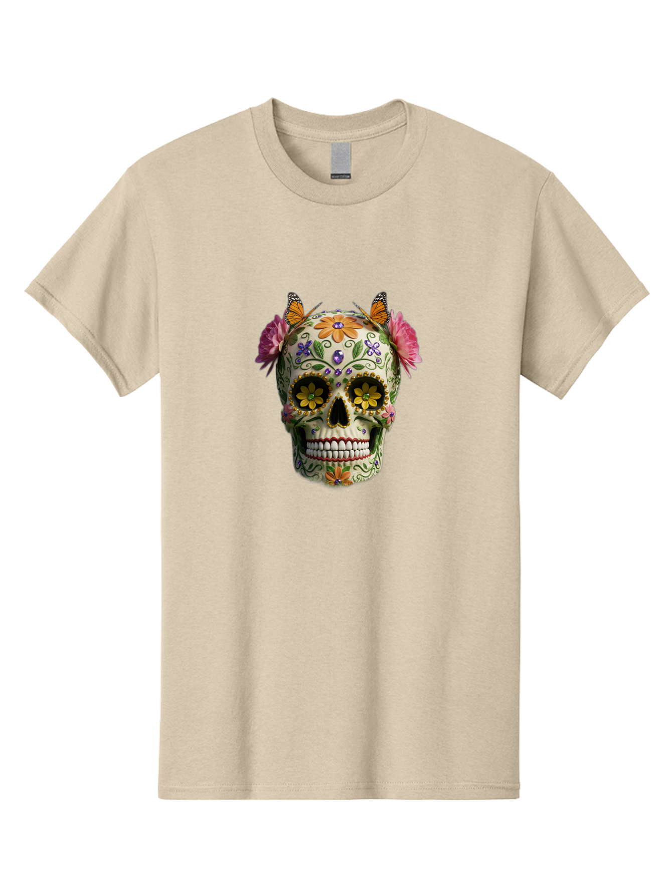 Sugar-Skull-23 Men'S Graphic Tee, 100% Cotton, Comfortable Casual Summer Wear, Machine Washable, Sugar Skull, Floral Designs, Vibrant Colors, Butterfly Decorations, Day Of The Dead, Mexican Culture, Festive Atmosphere, Colorful Flowers, Bad773