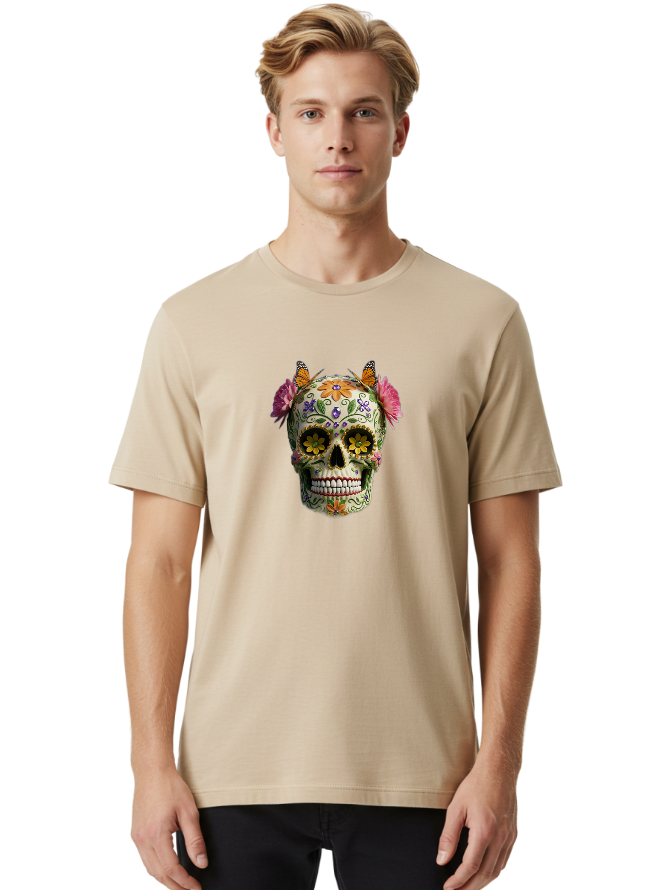 Sugar-Skull-23 Men'S Graphic Tee, 100% Cotton, Comfortable Casual Summer Wear, Machine Washable, Sugar Skull, Floral Designs, Vibrant Colors, Butterfly Decorations, Day Of The Dead, Mexican Culture, Festive Atmosphere, Colorful Flowers, Bad773