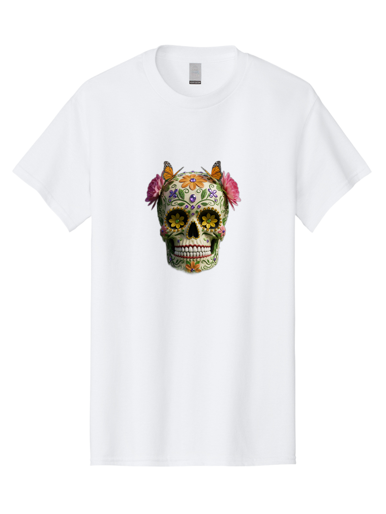 Sugar-Skull-23 Men'S Graphic Tee, 100% Cotton, Comfortable Casual Summer Wear, Machine Washable, Sugar Skull, Floral Designs, Vibrant Colors, Butterfly Decorations, Day Of The Dead, Mexican Culture, Festive Atmosphere, Colorful Flowers, Bad773