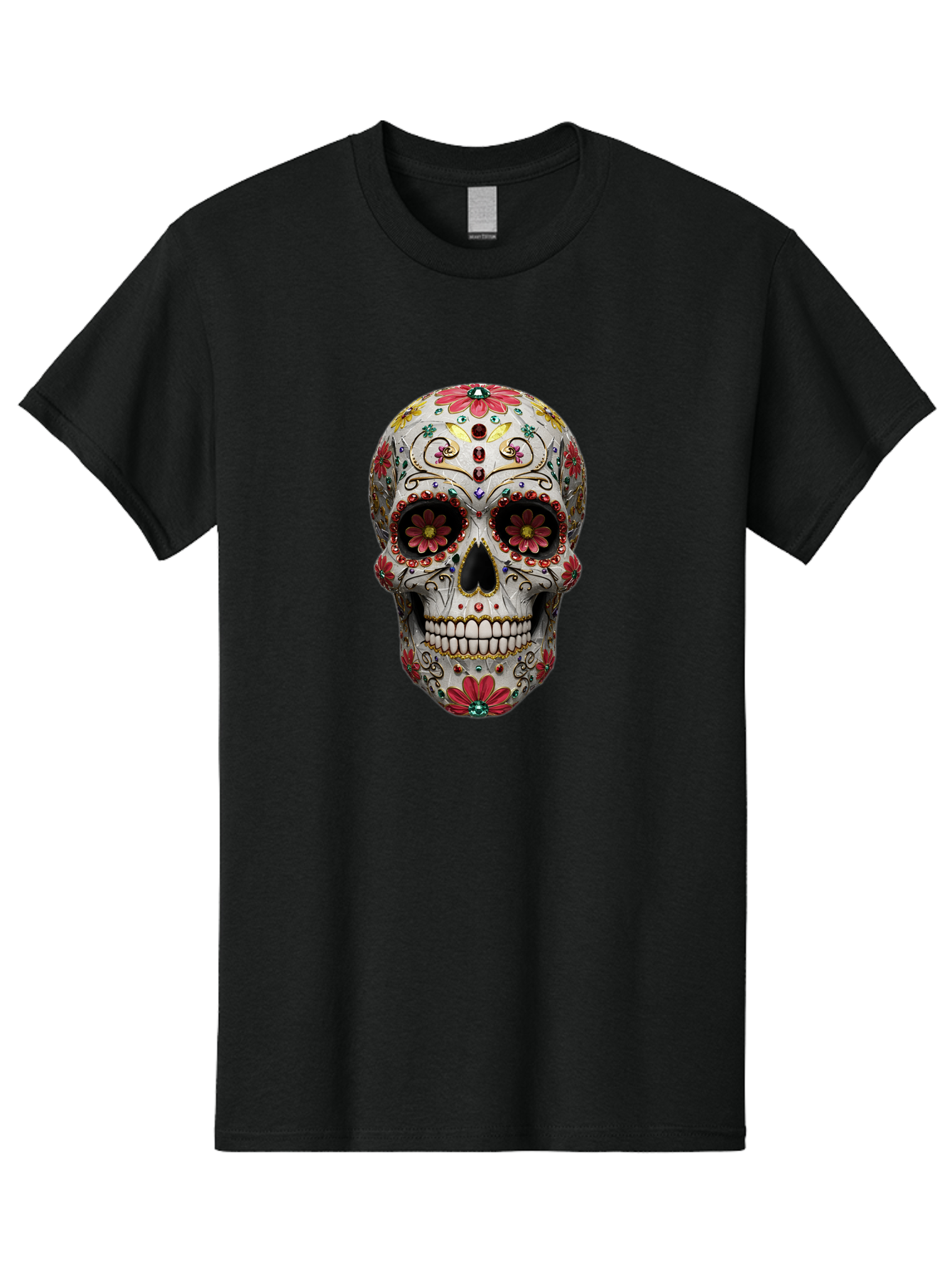 Sugar-Skull-24 Men'S Graphic Tee, 100% Cotton, Comfortable Casual Summer Wear, Machine Washable, Sugar Skull, Decorative Skull, Floral Designs, Red Flowers, Gold Accents, Day Of The Dead, Mexican Culture, Vibrant Colors, Intricate Details, Bad774
