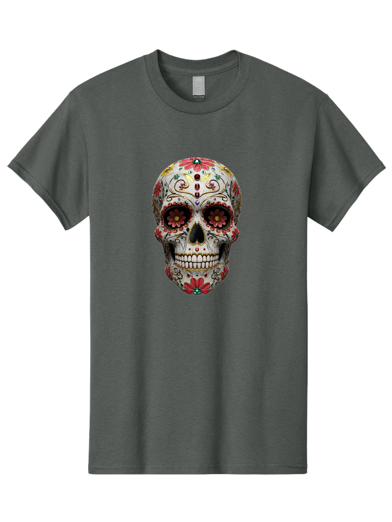 Sugar-Skull-24 Men'S Graphic Tee, 100% Cotton, Comfortable Casual Summer Wear, Machine Washable, Sugar Skull, Decorative Skull, Floral Designs, Red Flowers, Gold Accents, Day Of The Dead, Mexican Culture, Vibrant Colors, Intricate Details, Bad774