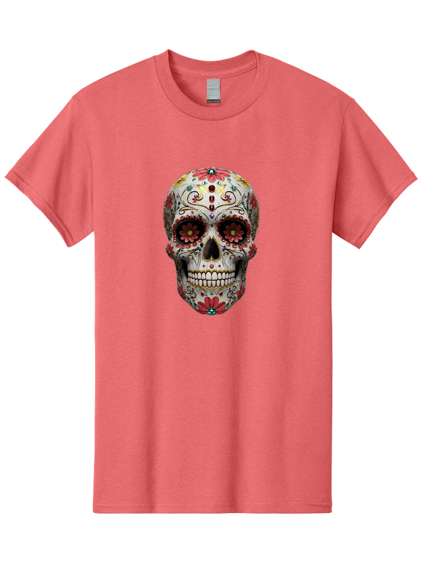 Sugar-Skull-24 Men'S Graphic Tee, 100% Cotton, Comfortable Casual Summer Wear, Machine Washable, Sugar Skull, Decorative Skull, Floral Designs, Red Flowers, Gold Accents, Day Of The Dead, Mexican Culture, Vibrant Colors, Intricate Details, Bad774