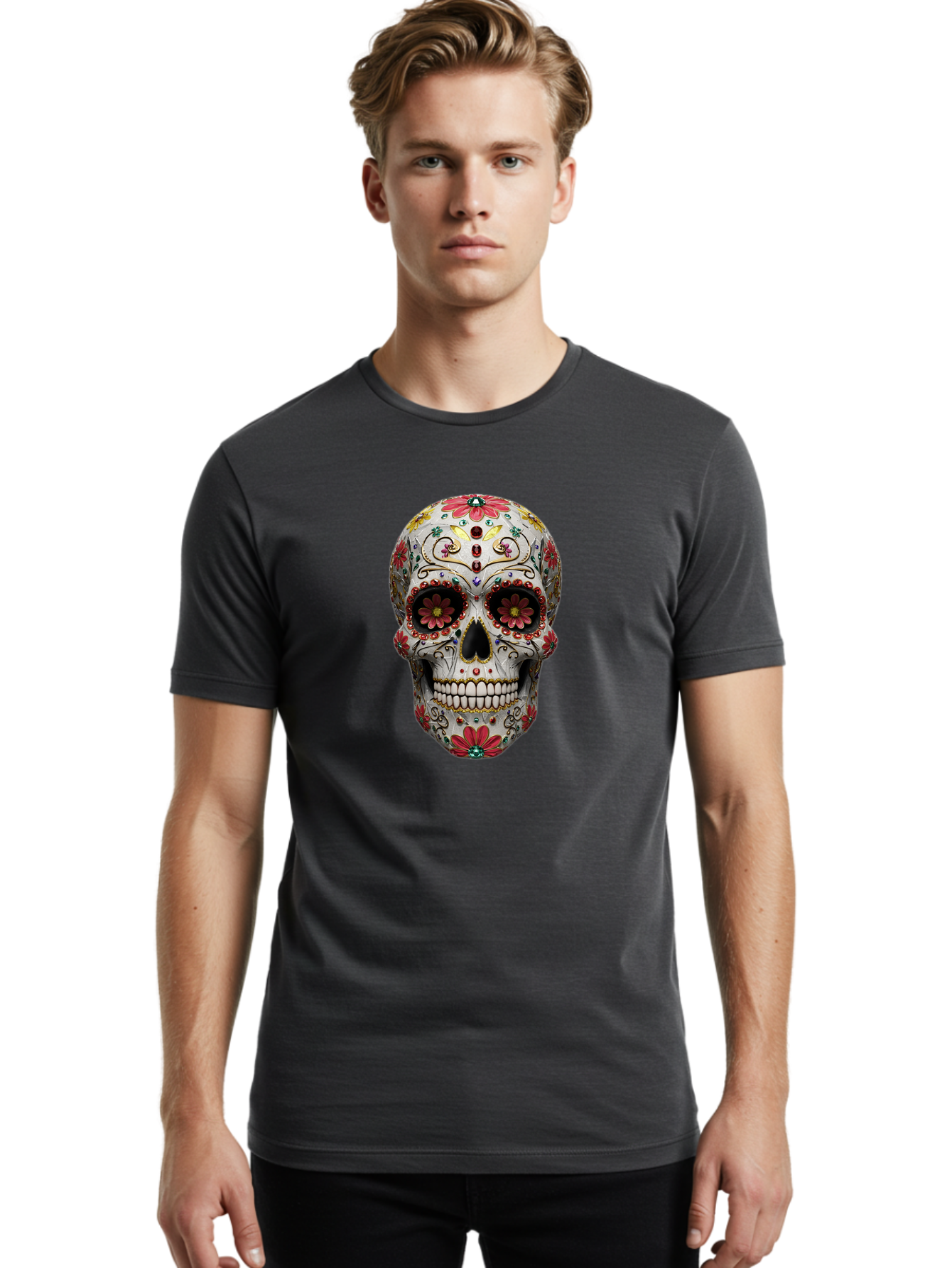 Sugar-Skull-24 Men'S Graphic Tee, 100% Cotton, Comfortable Casual Summer Wear, Machine Washable, Sugar Skull, Decorative Skull, Floral Designs, Red Flowers, Gold Accents, Day Of The Dead, Mexican Culture, Vibrant Colors, Intricate Details, Bad774