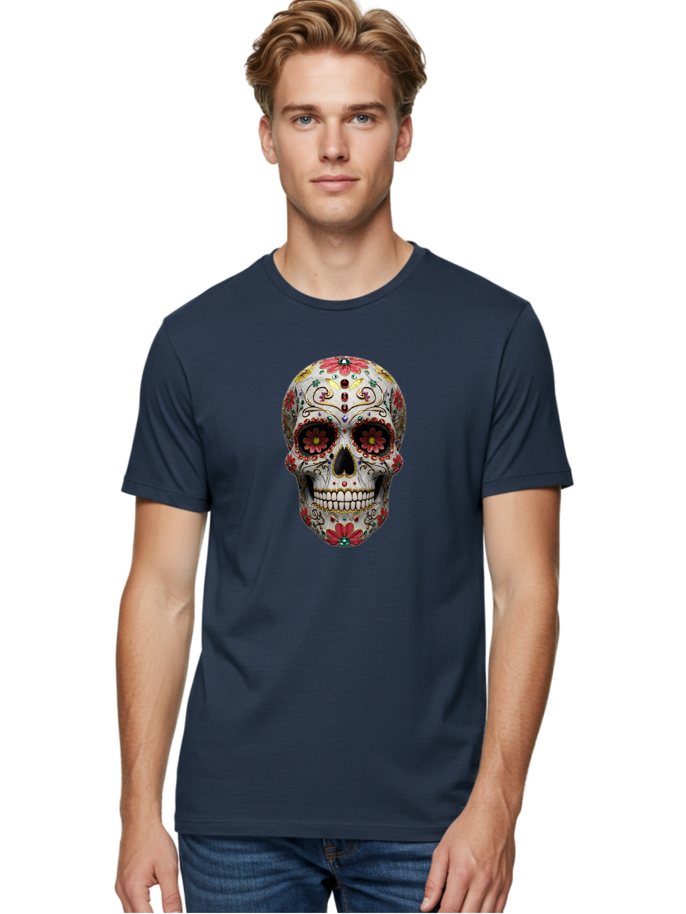 Sugar-Skull-24 Men'S Graphic Tee, 100% Cotton, Comfortable Casual Summer Wear, Machine Washable, Sugar Skull, Decorative Skull, Floral Designs, Red Flowers, Gold Accents, Day Of The Dead, Mexican Culture, Vibrant Colors, Intricate Details, Bad774