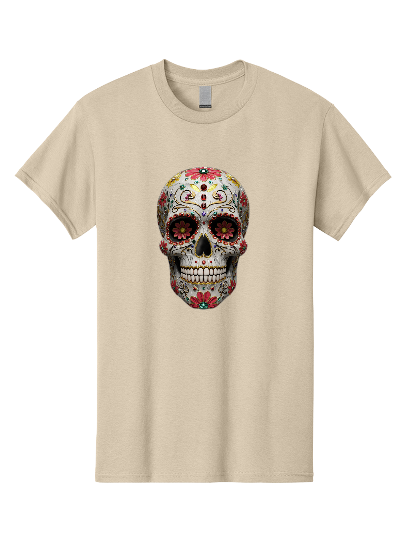 Sugar-Skull-24 Men'S Graphic Tee, 100% Cotton, Comfortable Casual Summer Wear, Machine Washable, Sugar Skull, Decorative Skull, Floral Designs, Red Flowers, Gold Accents, Day Of The Dead, Mexican Culture, Vibrant Colors, Intricate Details, Bad774