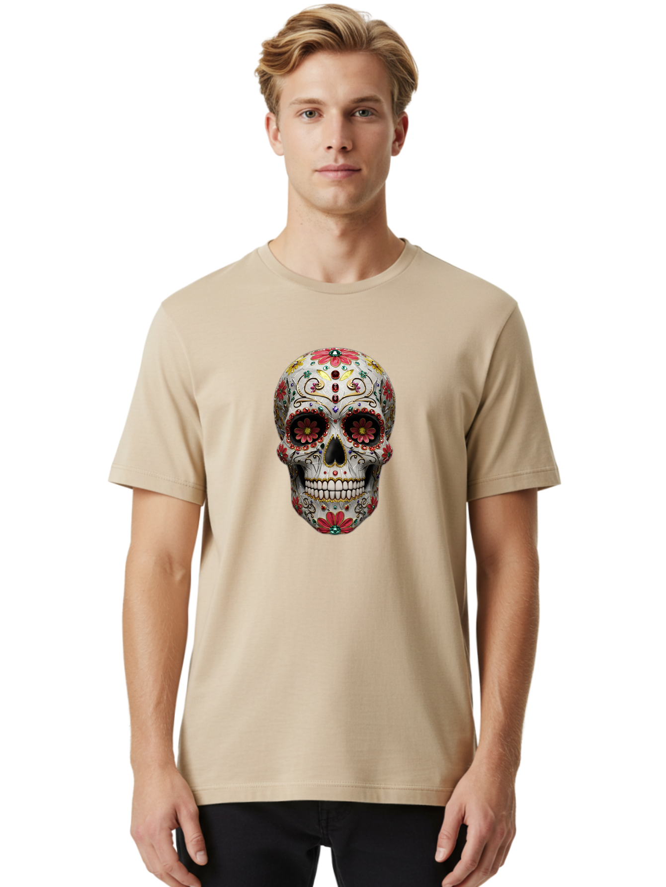 Sugar-Skull-24 Men'S Graphic Tee, 100% Cotton, Comfortable Casual Summer Wear, Machine Washable, Sugar Skull, Decorative Skull, Floral Designs, Red Flowers, Gold Accents, Day Of The Dead, Mexican Culture, Vibrant Colors, Intricate Details, Bad774