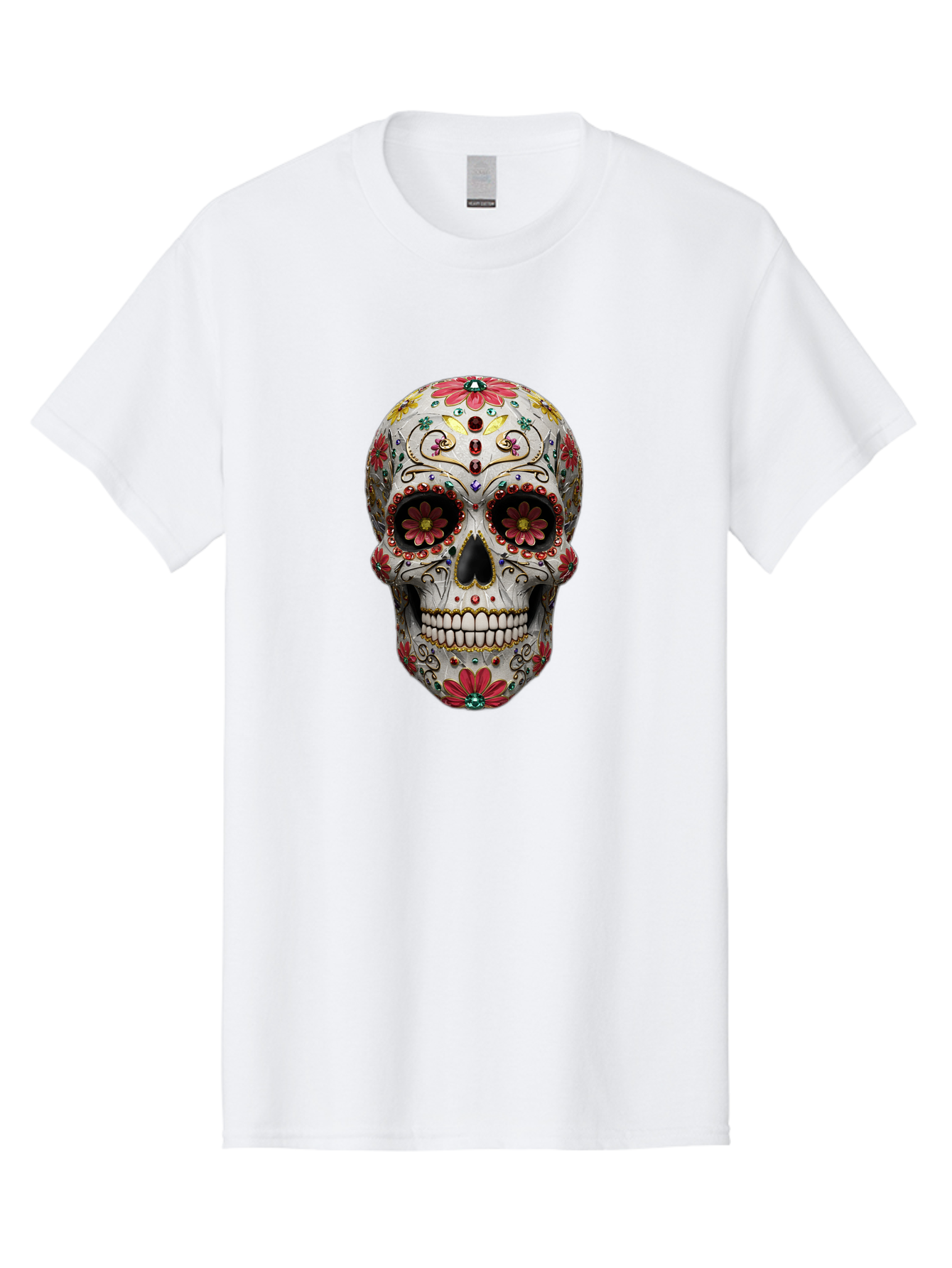 Sugar-Skull-24 Men'S Graphic Tee, 100% Cotton, Comfortable Casual Summer Wear, Machine Washable, Sugar Skull, Decorative Skull, Floral Designs, Red Flowers, Gold Accents, Day Of The Dead, Mexican Culture, Vibrant Colors, Intricate Details, Bad774