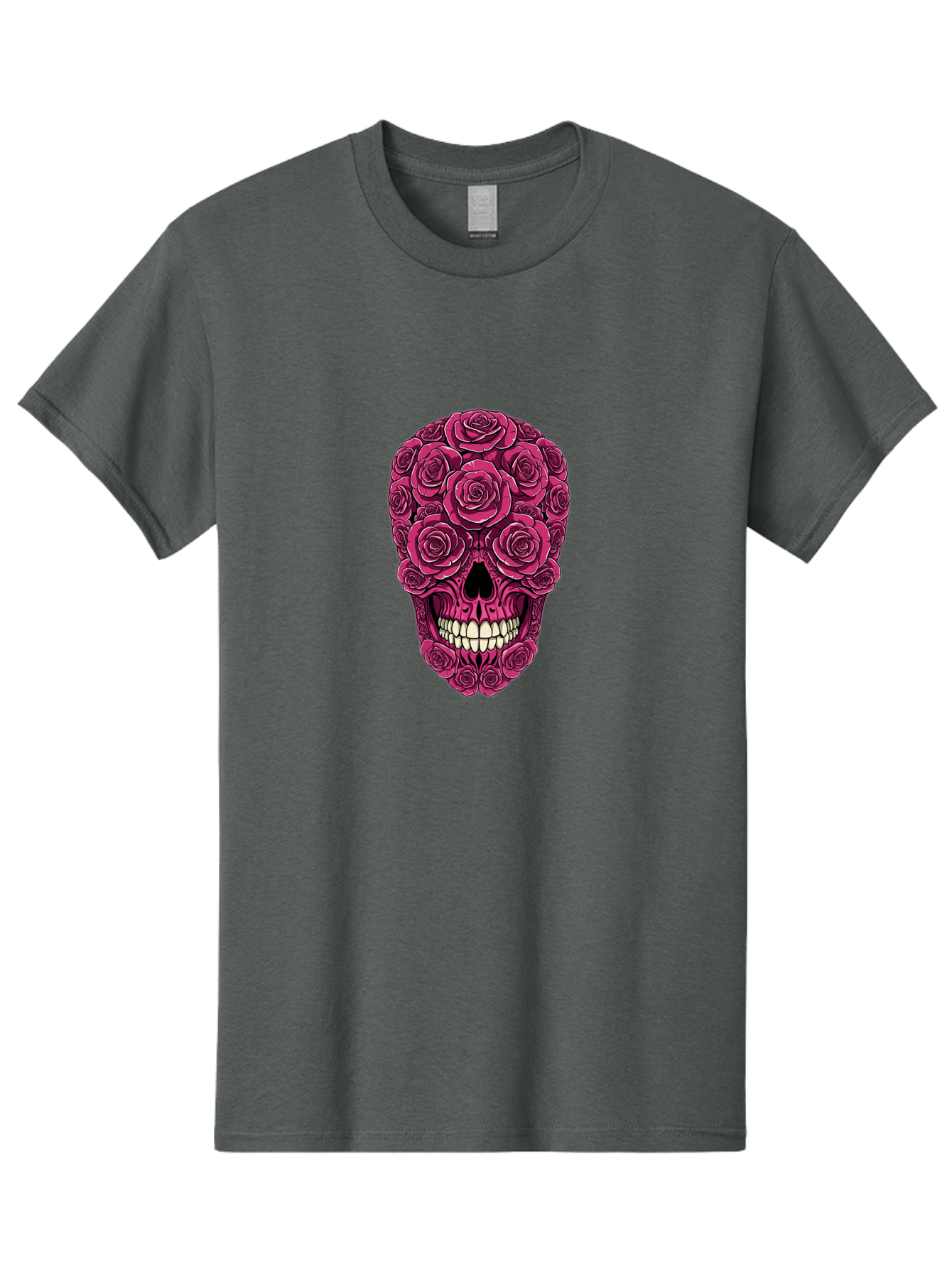Sugar-Skull-3 Men'S Graphic Tee, 100% Cotton, Comfortable Casual Summer Wear, Machine Washable, Sugar Skull, Floral Skull, Roses, White Teeth, Vibrant Pink, Gothic Art, Day Of The Dead, Floral Design Bad775
