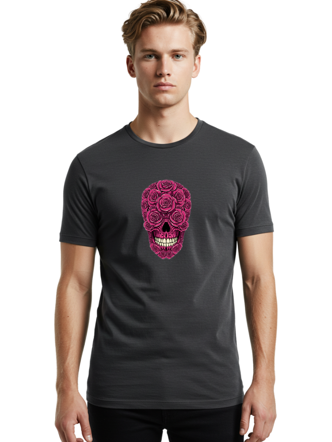 Sugar-Skull-3 Men'S Graphic Tee, 100% Cotton, Comfortable Casual Summer Wear, Machine Washable, Sugar Skull, Floral Skull, Roses, White Teeth, Vibrant Pink, Gothic Art, Day Of The Dead, Floral Design Bad775