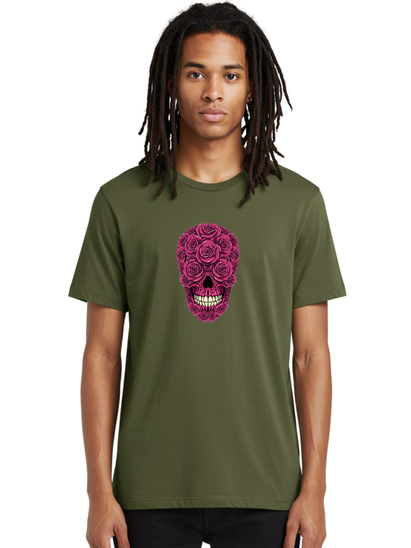 Sugar-Skull-3 Men'S Graphic Tee, 100% Cotton, Comfortable Casual Summer Wear, Machine Washable, Sugar Skull, Floral Skull, Roses, White Teeth, Vibrant Pink, Gothic Art, Day Of The Dead, Floral Design Bad775