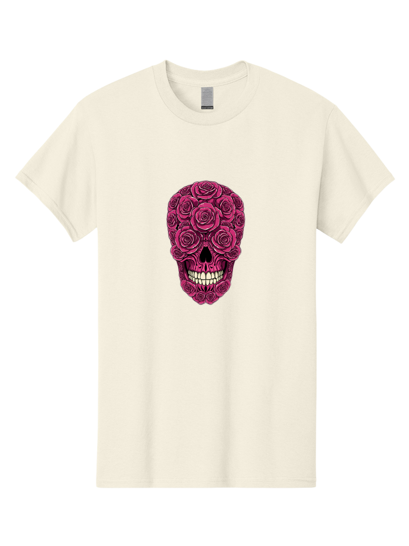 Sugar-Skull-3 Men'S Graphic Tee, 100% Cotton, Comfortable Casual Summer Wear, Machine Washable, Sugar Skull, Floral Skull, Roses, White Teeth, Vibrant Pink, Gothic Art, Day Of The Dead, Floral Design Bad775