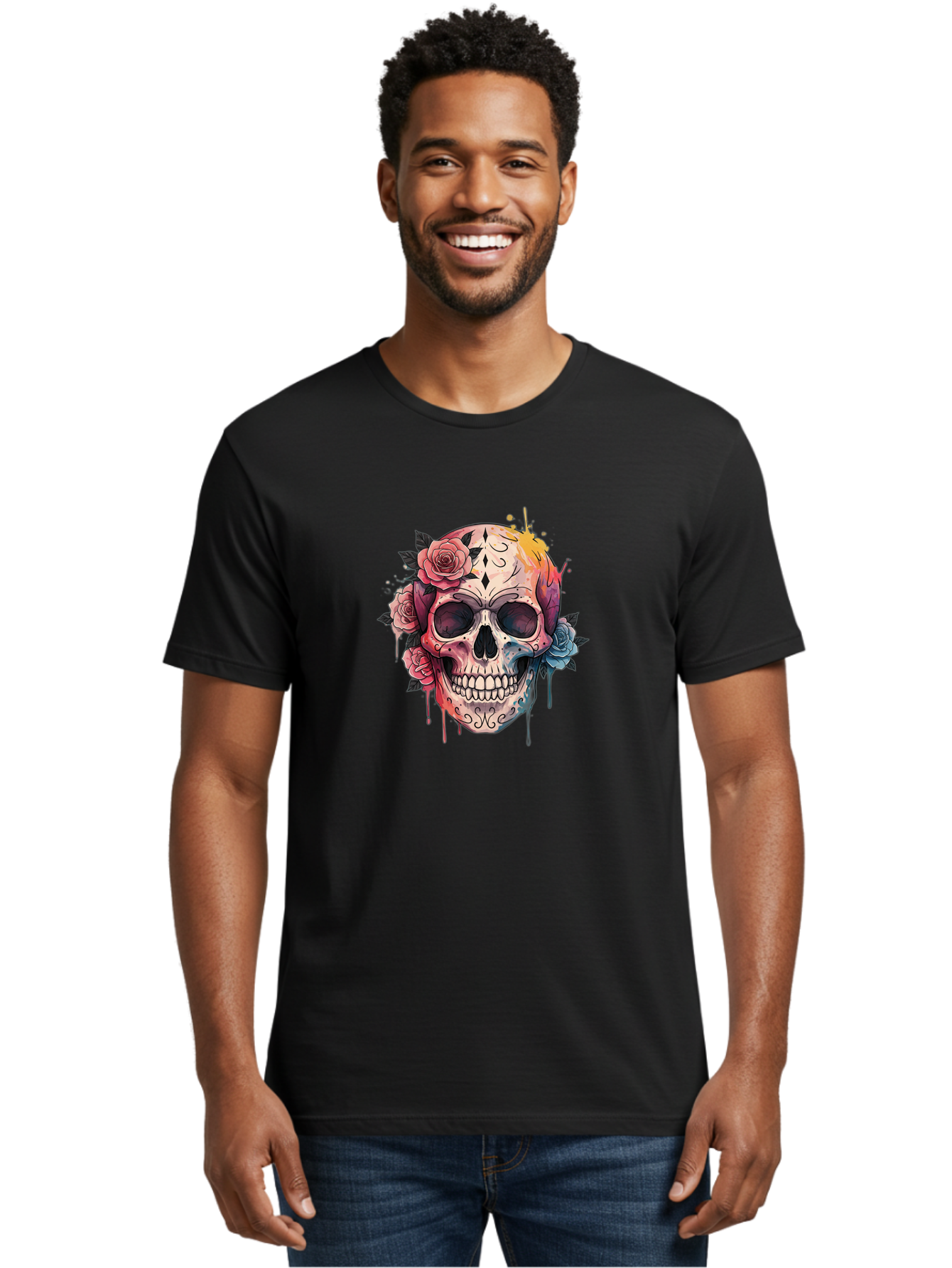 Sugar-Skull-4 Men'S Graphic Tee, 100% Cotton, Comfortable Casual Summer Wear, Machine Washable, Sugar Skull, Day Of The Dead, Floral Skull, Vibrant Colors, Intricate Designs, Abstract Art, Grunge Style, Street Art, Tattoo Art, Mexican Culture, Bad776