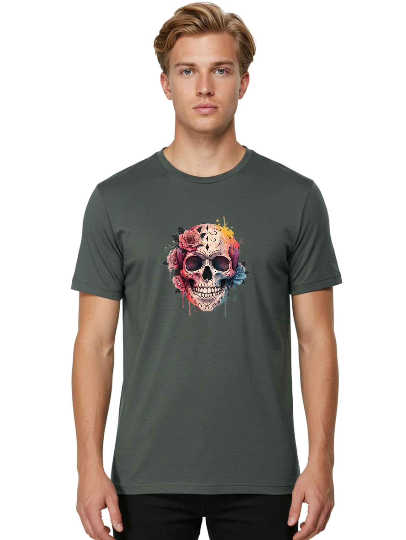 Sugar-Skull-4 Men'S Graphic Tee, 100% Cotton, Comfortable Casual Summer Wear, Machine Washable, Sugar Skull, Day Of The Dead, Floral Skull, Vibrant Colors, Intricate Designs, Abstract Art, Grunge Style, Street Art, Tattoo Art, Mexican Culture, Bad776