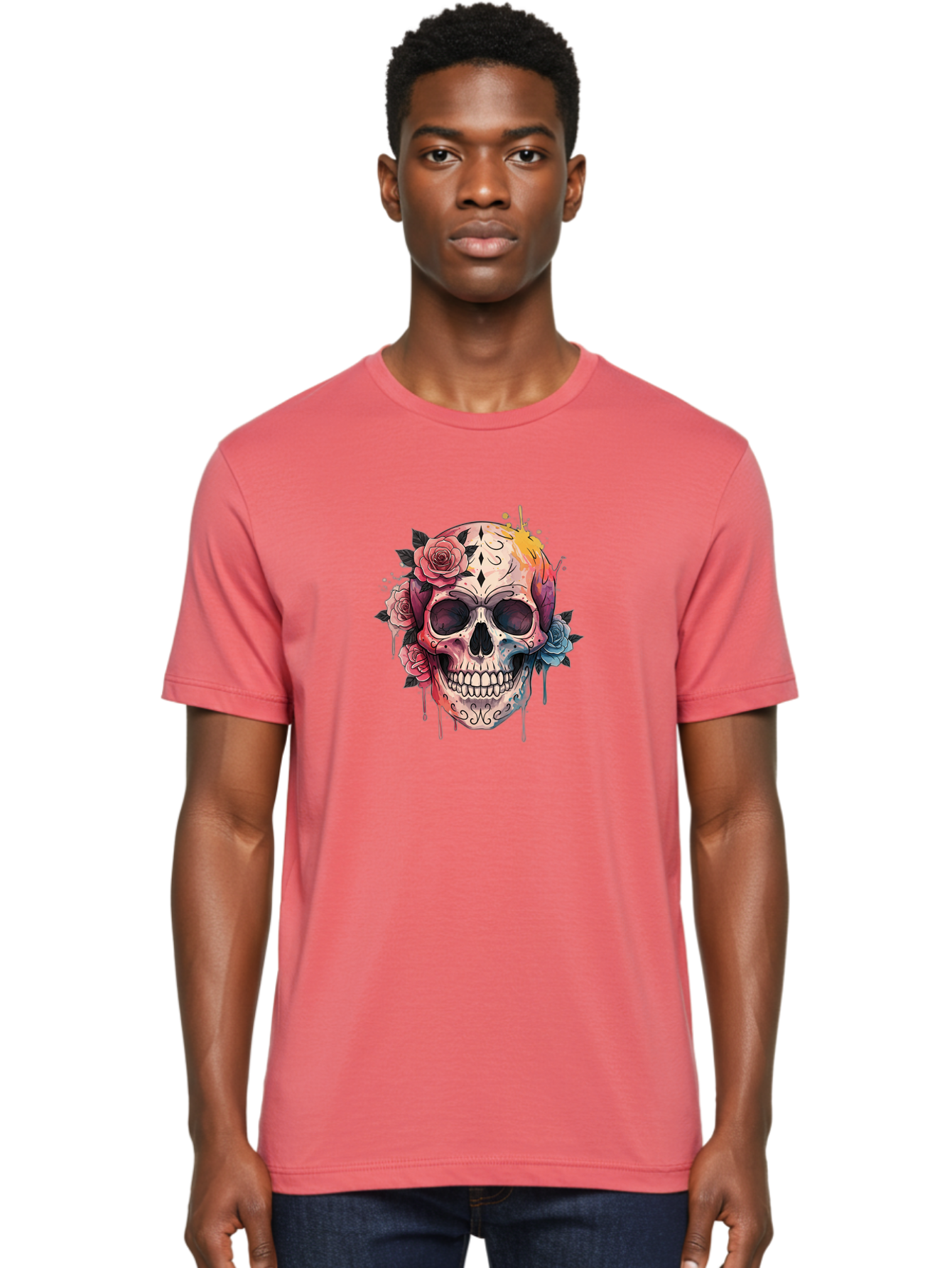 Sugar-Skull-4 Men'S Graphic Tee, 100% Cotton, Comfortable Casual Summer Wear, Machine Washable, Sugar Skull, Day Of The Dead, Floral Skull, Vibrant Colors, Intricate Designs, Abstract Art, Grunge Style, Street Art, Tattoo Art, Mexican Culture, Bad776