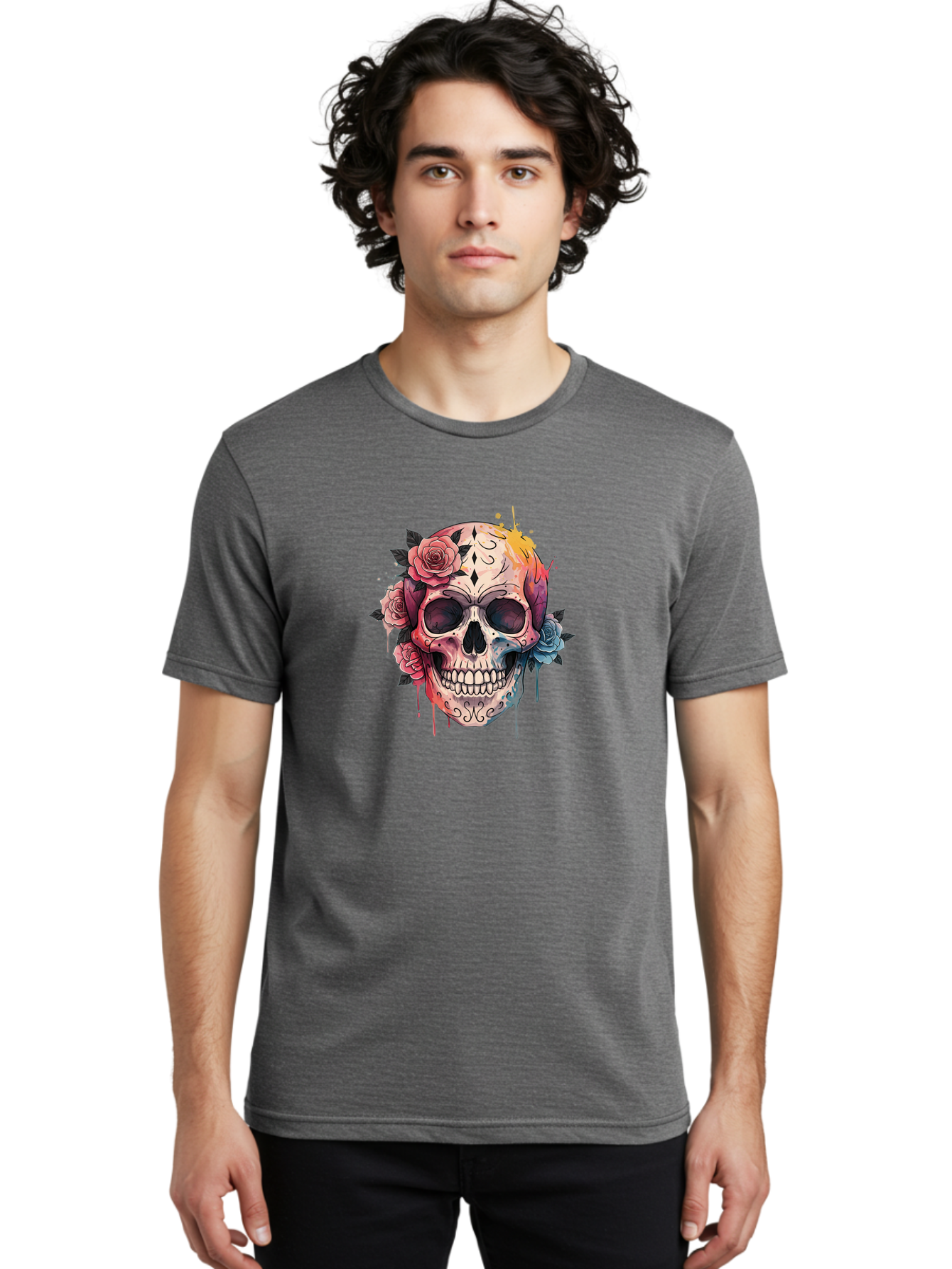 Sugar-Skull-4 Men'S Graphic Tee, 100% Cotton, Comfortable Casual Summer Wear, Machine Washable, Sugar Skull, Day Of The Dead, Floral Skull, Vibrant Colors, Intricate Designs, Abstract Art, Grunge Style, Street Art, Tattoo Art, Mexican Culture, Bad776
