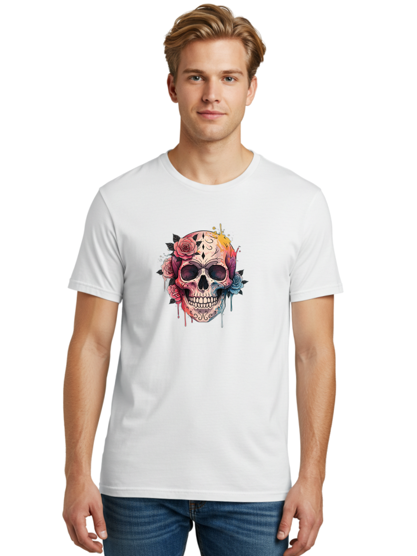 Sugar-Skull-4 Men'S Graphic Tee, 100% Cotton, Comfortable Casual Summer Wear, Machine Washable, Sugar Skull, Day Of The Dead, Floral Skull, Vibrant Colors, Intricate Designs, Abstract Art, Grunge Style, Street Art, Tattoo Art, Mexican Culture, Bad776