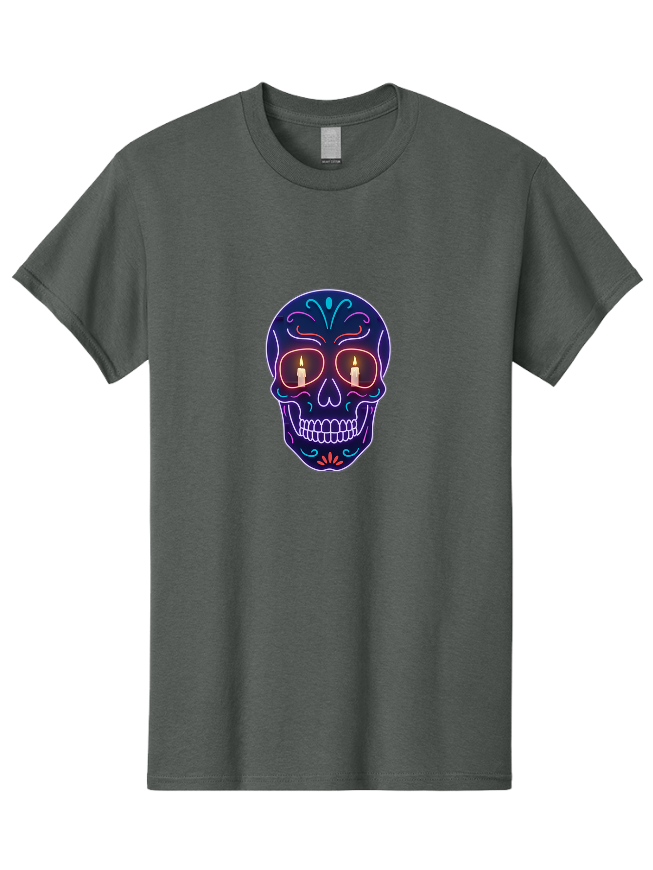 Sugar-Skull-5 Men'S Graphic Tee, 100% Cotton, Comfortable Casual Summer Wear, Machine Washable, Sugar Skull, Day Of The Dead, Neon Lights, Candles, Colorful Design, Vibrant Colors, Skull Decoration, Glowing Eyes Bad777