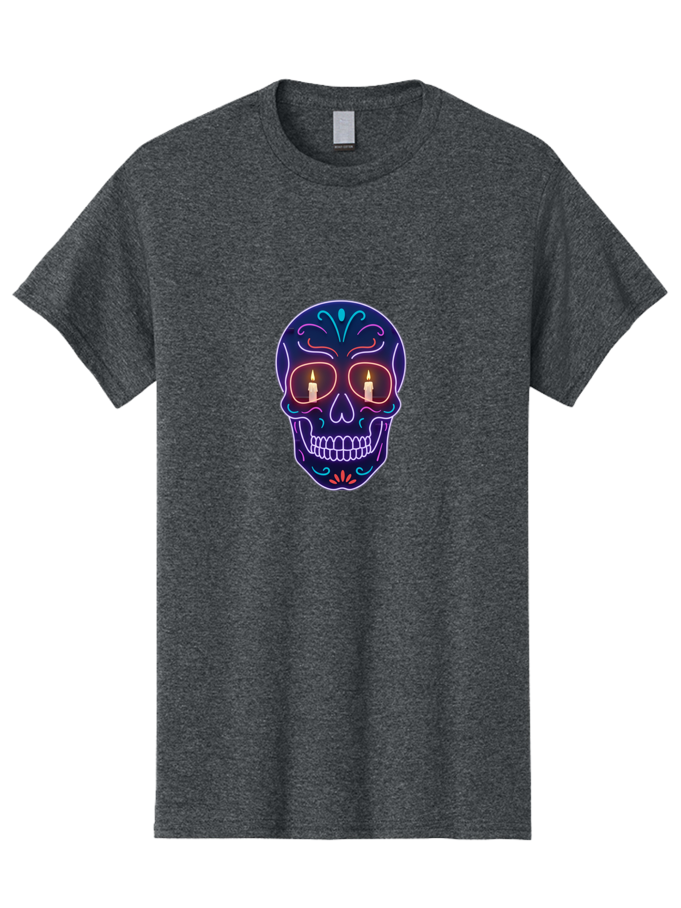 Sugar-Skull-5 Men'S Graphic Tee, 100% Cotton, Comfortable Casual Summer Wear, Machine Washable, Sugar Skull, Day Of The Dead, Neon Lights, Candles, Colorful Design, Vibrant Colors, Skull Decoration, Glowing Eyes Bad777