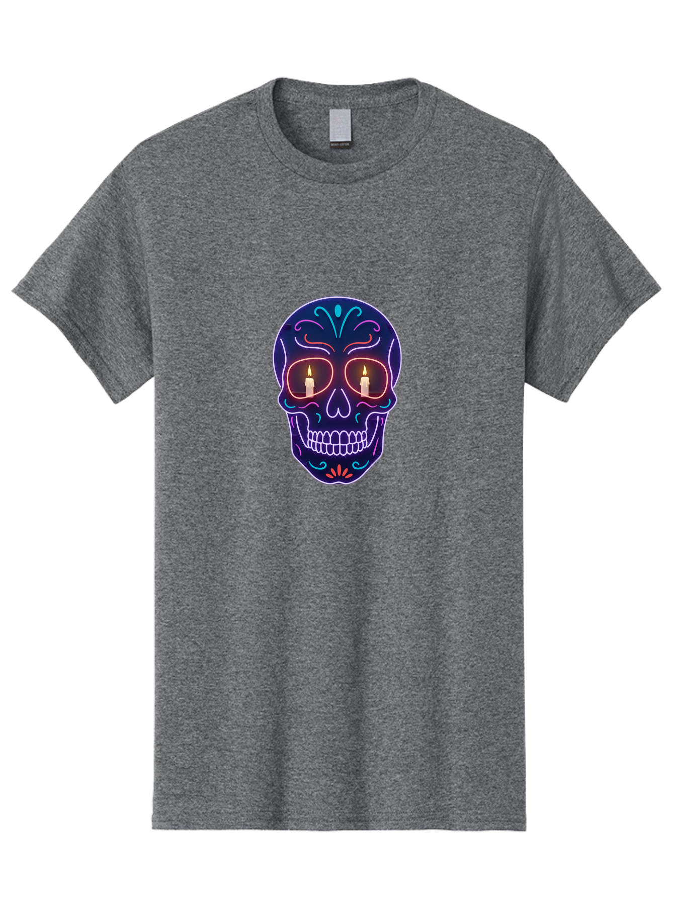 Sugar-Skull-5 Men'S Graphic Tee, 100% Cotton, Comfortable Casual Summer Wear, Machine Washable, Sugar Skull, Day Of The Dead, Neon Lights, Candles, Colorful Design, Vibrant Colors, Skull Decoration, Glowing Eyes Bad777