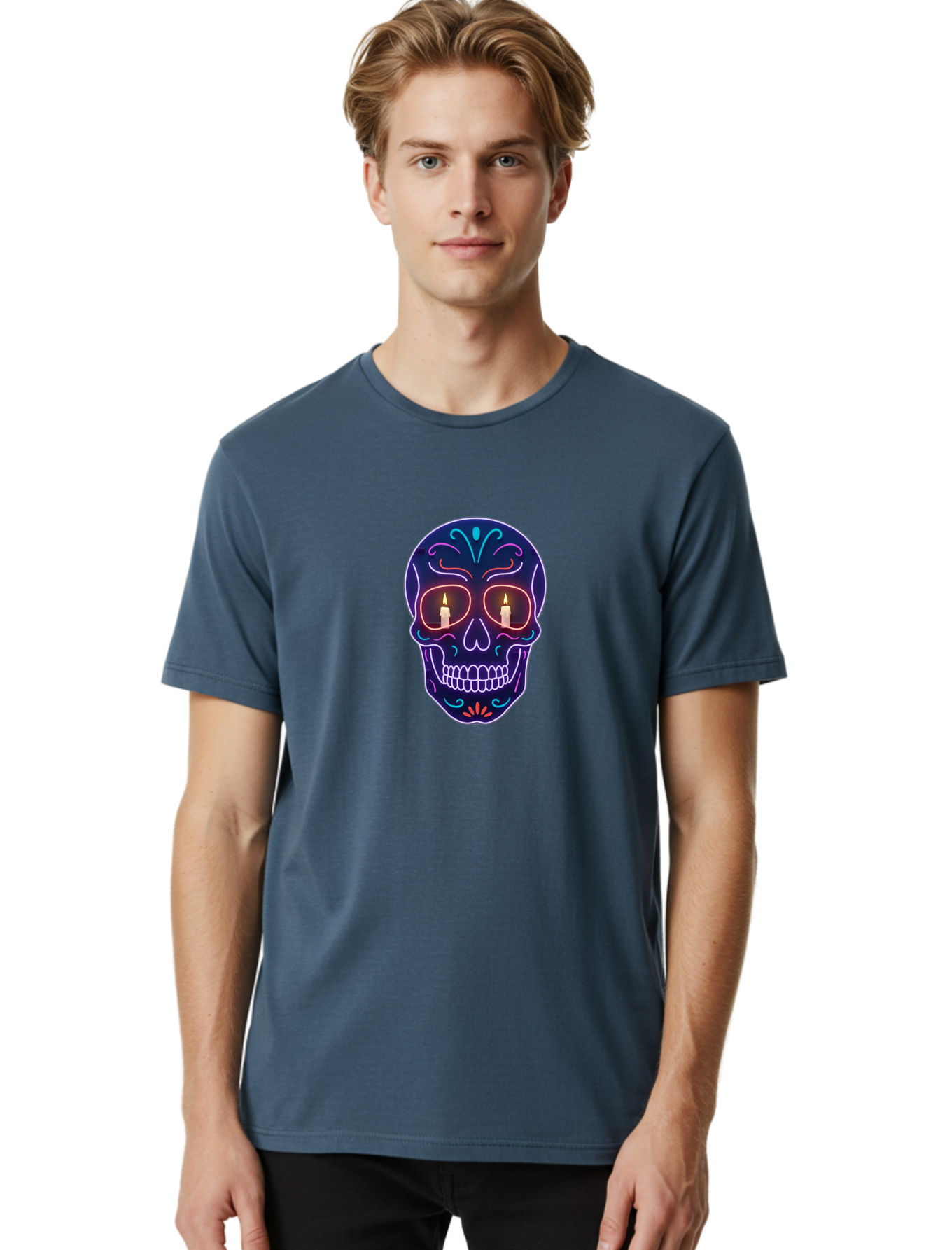 Sugar-Skull-5 Men'S Graphic Tee, 100% Cotton, Comfortable Casual Summer Wear, Machine Washable, Sugar Skull, Day Of The Dead, Neon Lights, Candles, Colorful Design, Vibrant Colors, Skull Decoration, Glowing Eyes Bad777