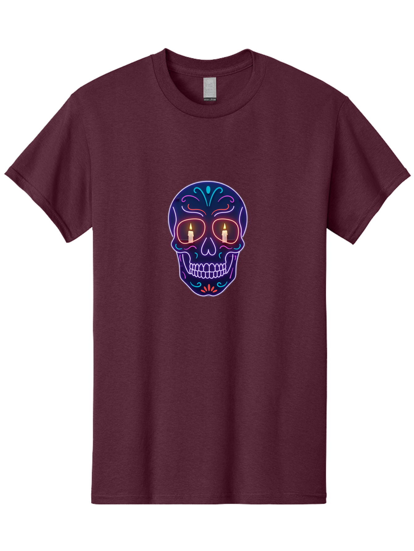 Sugar-Skull-5 Men'S Graphic Tee, 100% Cotton, Comfortable Casual Summer Wear, Machine Washable, Sugar Skull, Day Of The Dead, Neon Lights, Candles, Colorful Design, Vibrant Colors, Skull Decoration, Glowing Eyes Bad777