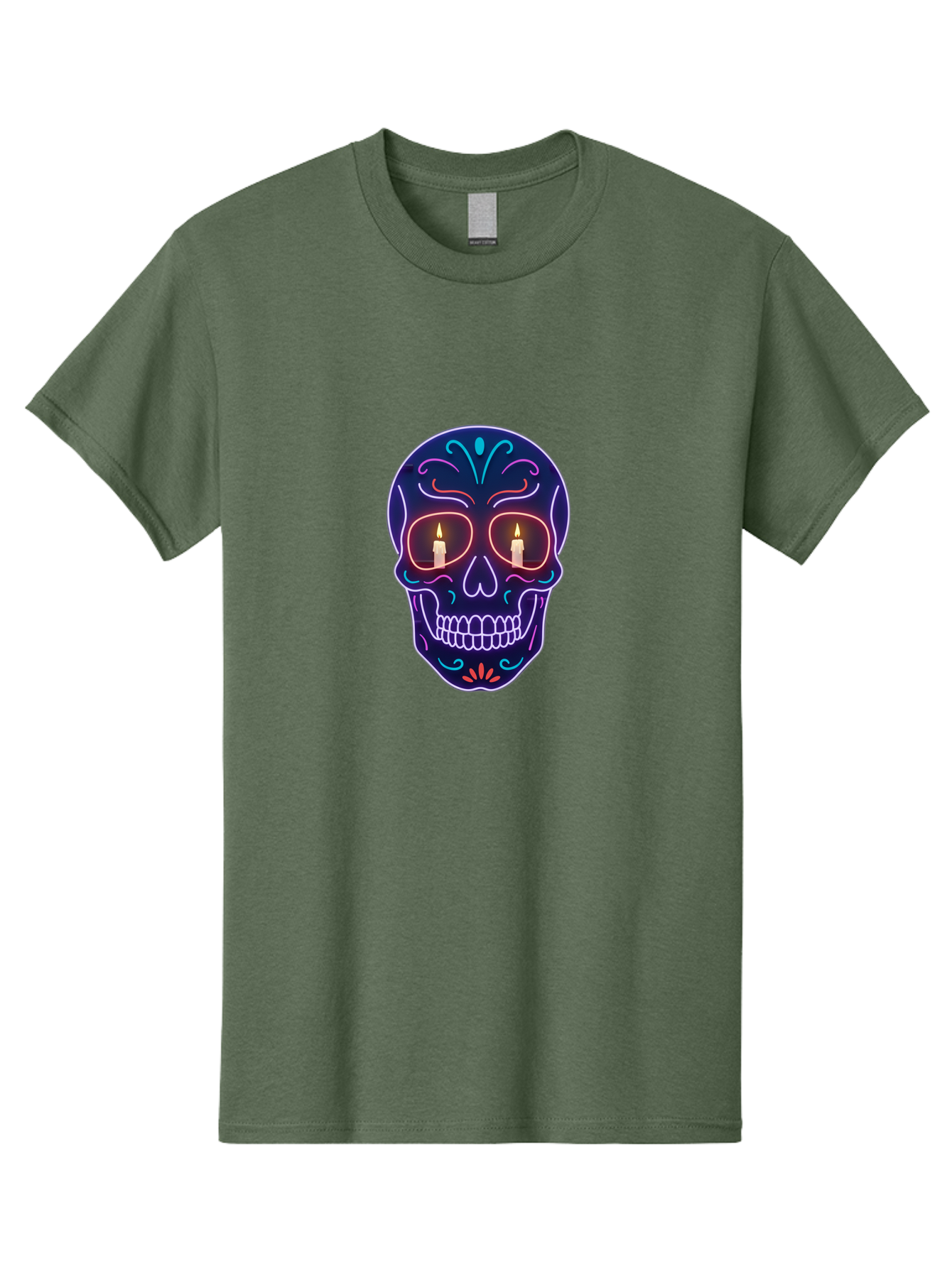 Sugar-Skull-5 Men'S Graphic Tee, 100% Cotton, Comfortable Casual Summer Wear, Machine Washable, Sugar Skull, Day Of The Dead, Neon Lights, Candles, Colorful Design, Vibrant Colors, Skull Decoration, Glowing Eyes Bad777