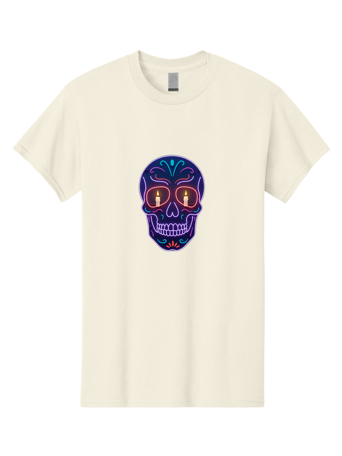Sugar-Skull-5 Men'S Graphic Tee, 100% Cotton, Comfortable Casual Summer Wear, Machine Washable, Sugar Skull, Day Of The Dead, Neon Lights, Candles, Colorful Design, Vibrant Colors, Skull Decoration, Glowing Eyes Bad777