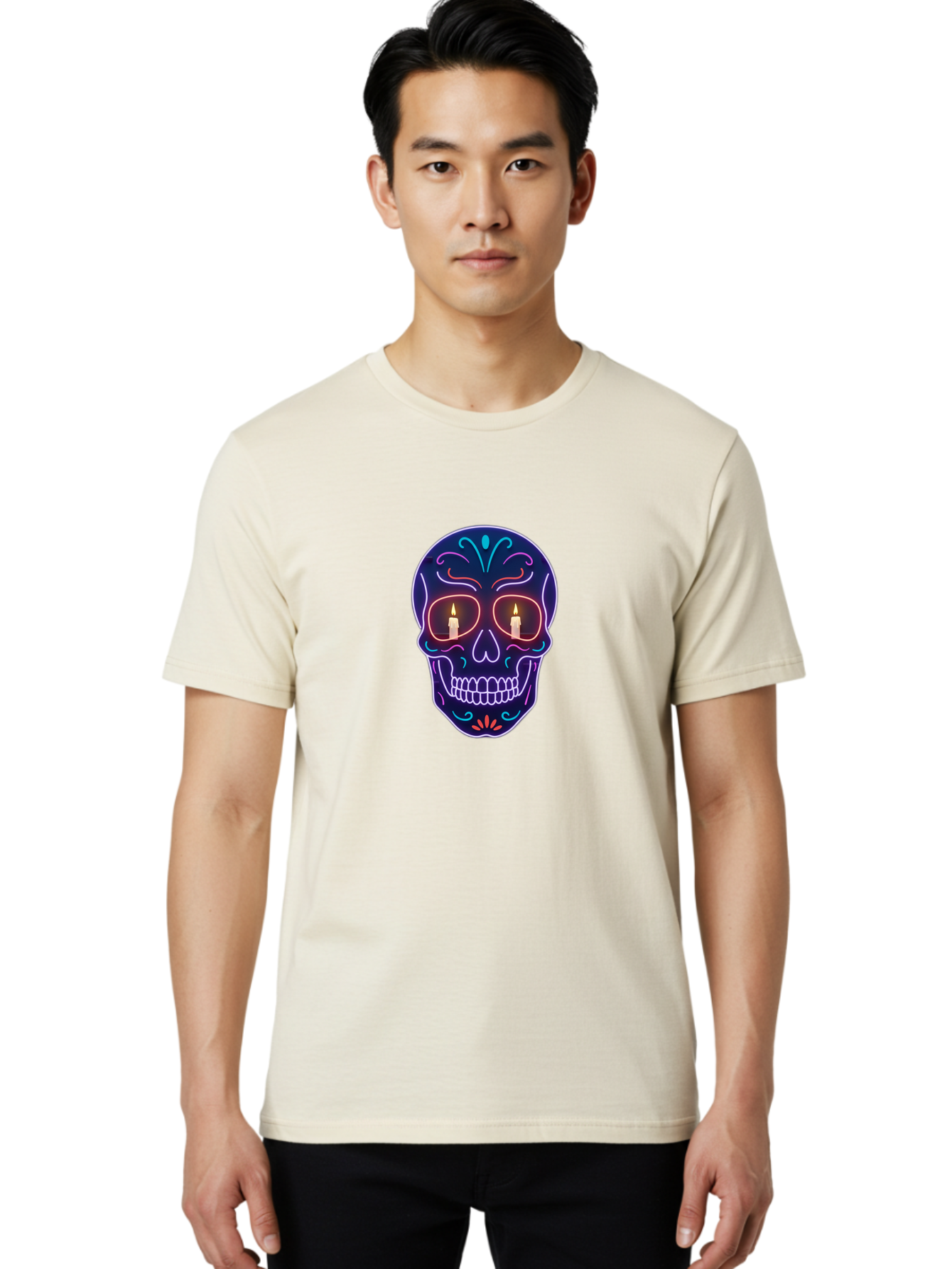 Sugar-Skull-5 Men'S Graphic Tee, 100% Cotton, Comfortable Casual Summer Wear, Machine Washable, Sugar Skull, Day Of The Dead, Neon Lights, Candles, Colorful Design, Vibrant Colors, Skull Decoration, Glowing Eyes Bad777