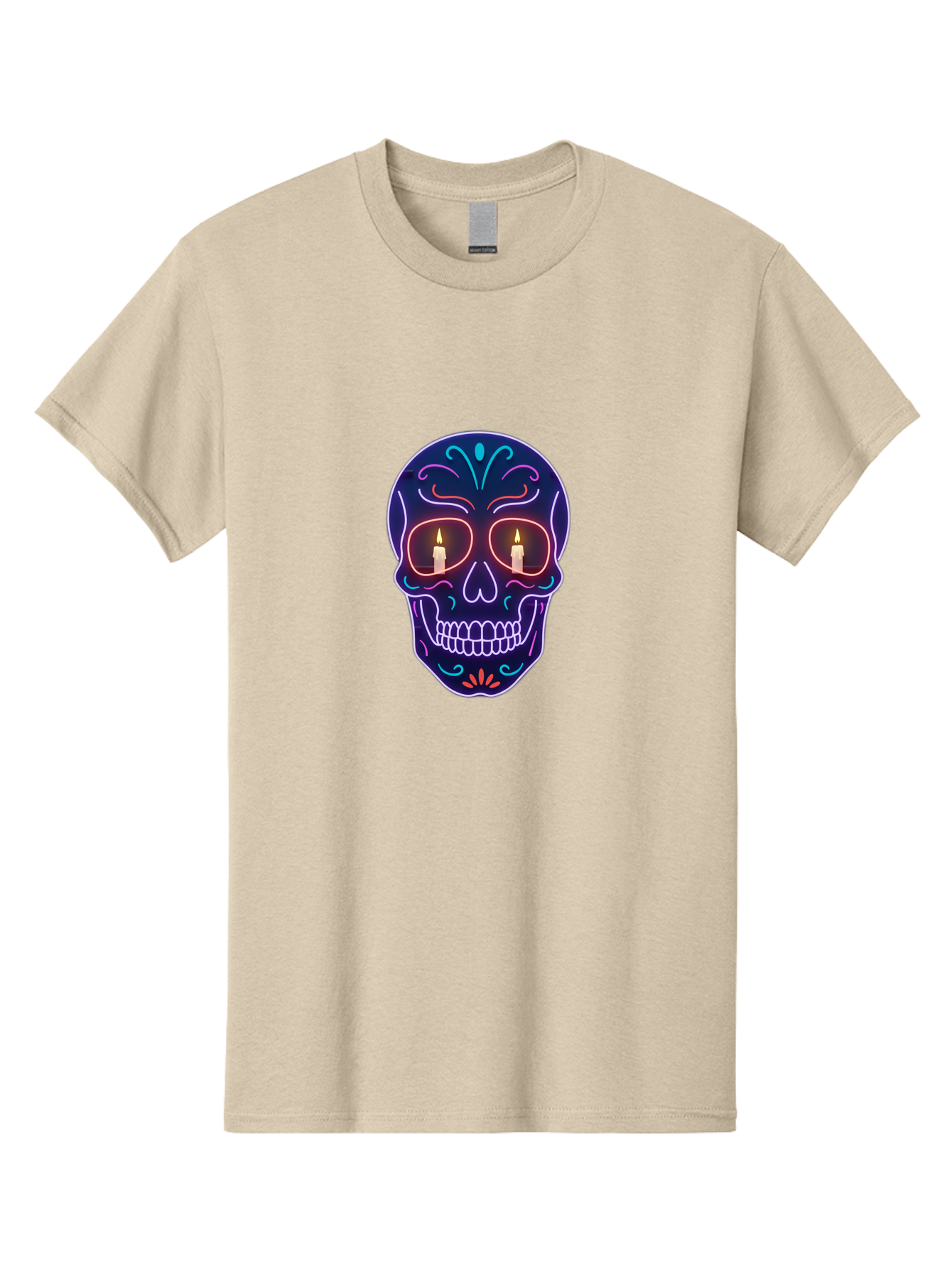 Sugar-Skull-5 Men'S Graphic Tee, 100% Cotton, Comfortable Casual Summer Wear, Machine Washable, Sugar Skull, Day Of The Dead, Neon Lights, Candles, Colorful Design, Vibrant Colors, Skull Decoration, Glowing Eyes Bad777