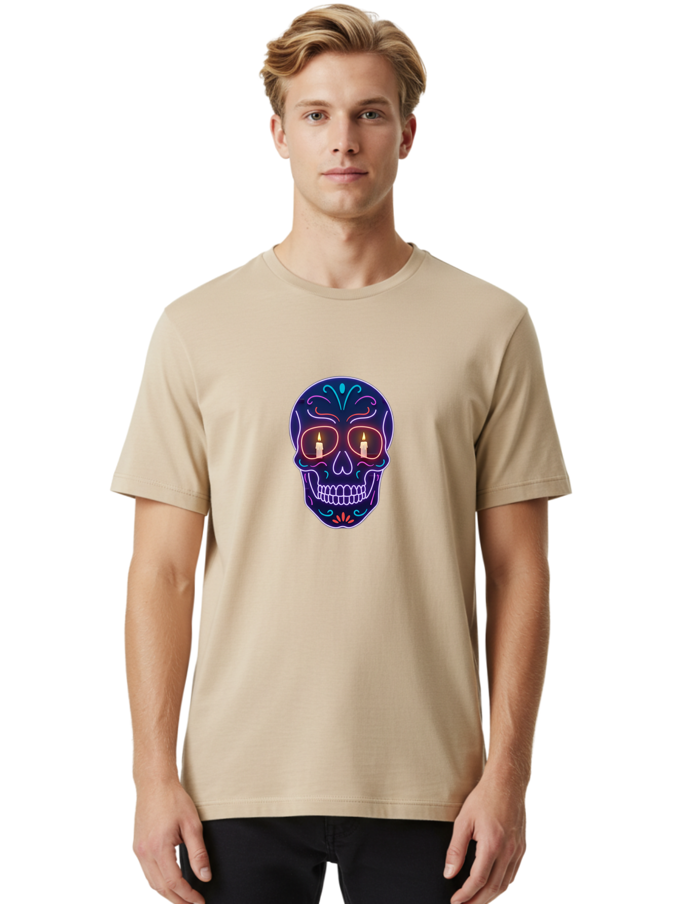 Sugar-Skull-5 Men'S Graphic Tee, 100% Cotton, Comfortable Casual Summer Wear, Machine Washable, Sugar Skull, Day Of The Dead, Neon Lights, Candles, Colorful Design, Vibrant Colors, Skull Decoration, Glowing Eyes Bad777