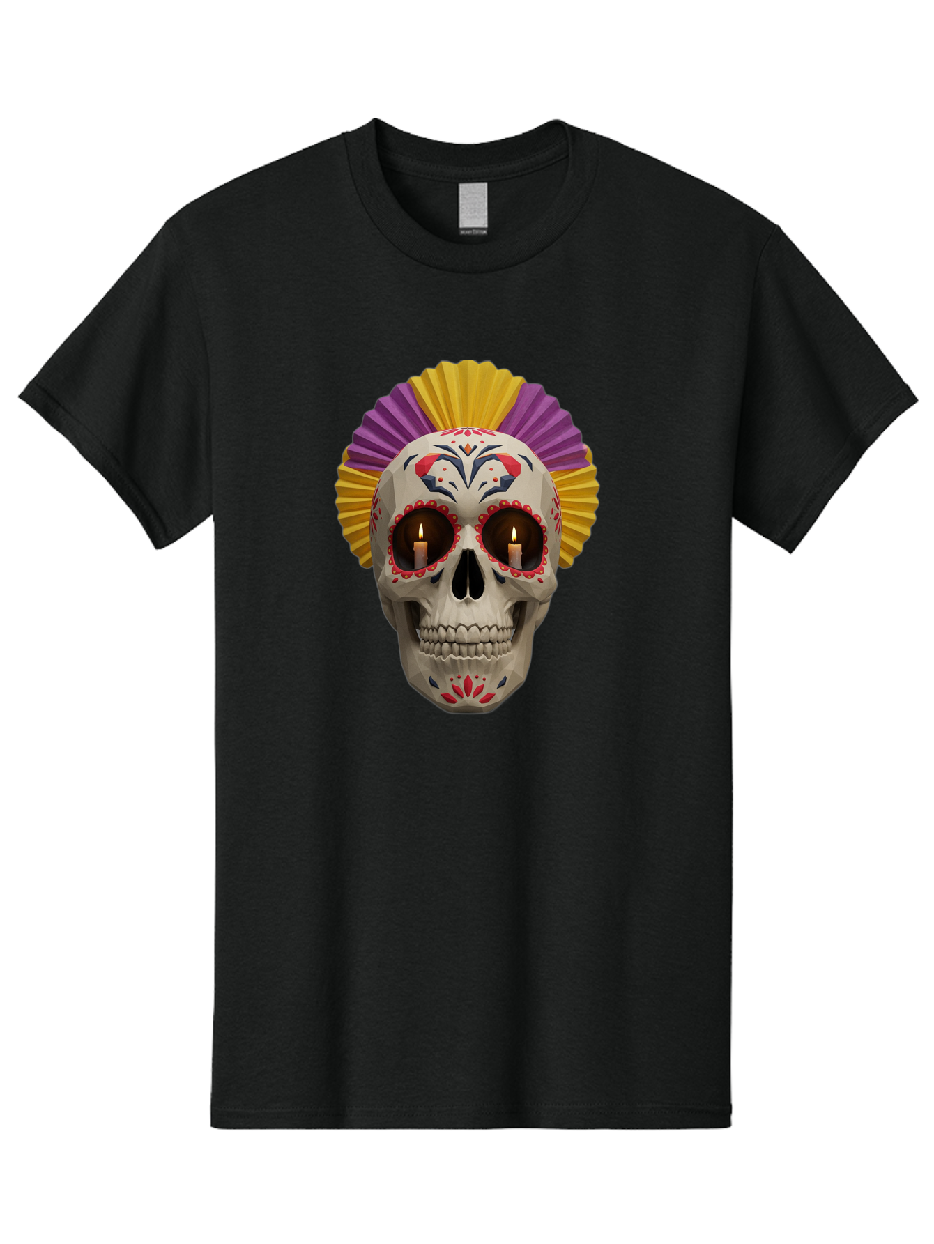 Sugar-Skull-6 Men'S Graphic Tee, 100% Cotton, Comfortable Casual Summer Wear, Machine Washable, Sugar Skull, Day Of The Dead, Mexican Culture, Lit Candles, Decorative Patterns, Vibrant Colors, Festive Decorations, Skull Art, Bad778