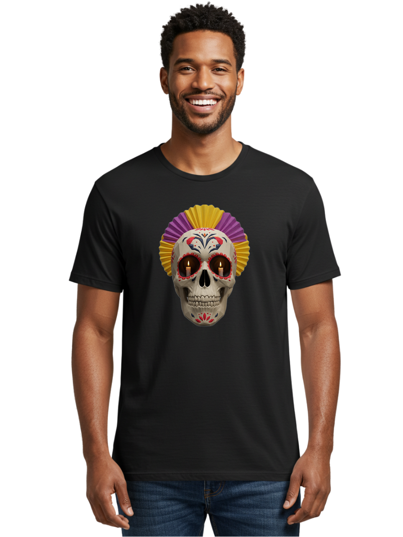 Sugar-Skull-6 Men'S Graphic Tee, 100% Cotton, Comfortable Casual Summer Wear, Machine Washable, Sugar Skull, Day Of The Dead, Mexican Culture, Lit Candles, Decorative Patterns, Vibrant Colors, Festive Decorations, Skull Art, Bad778