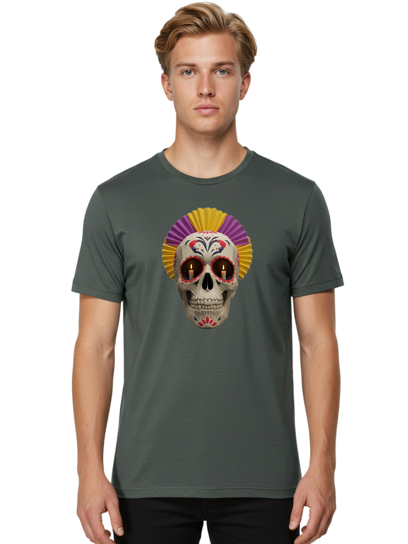 Sugar-Skull-6 Men'S Graphic Tee, 100% Cotton, Comfortable Casual Summer Wear, Machine Washable, Sugar Skull, Day Of The Dead, Mexican Culture, Lit Candles, Decorative Patterns, Vibrant Colors, Festive Decorations, Skull Art, Bad778