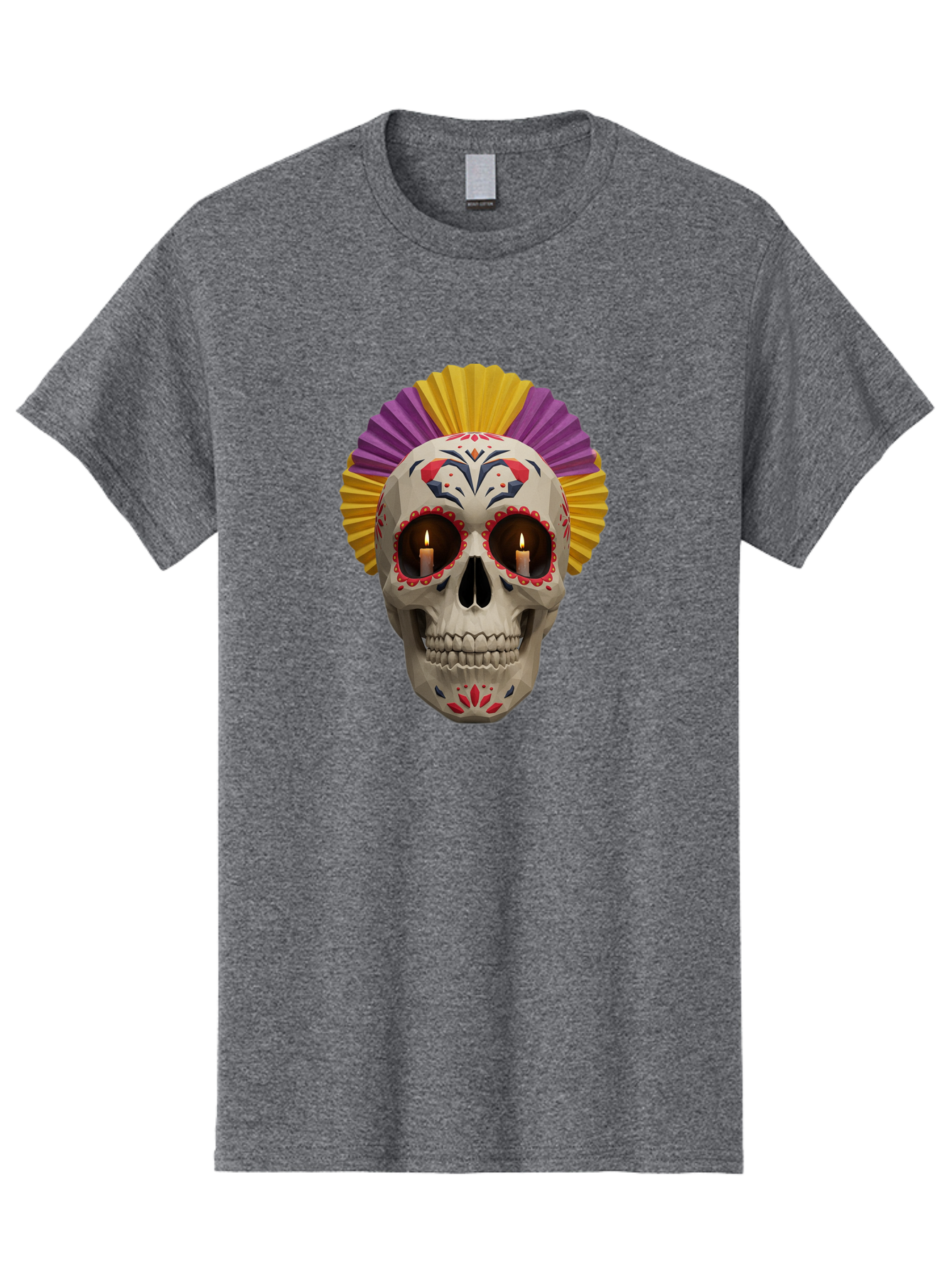 Sugar-Skull-6 Men'S Graphic Tee, 100% Cotton, Comfortable Casual Summer Wear, Machine Washable, Sugar Skull, Day Of The Dead, Mexican Culture, Lit Candles, Decorative Patterns, Vibrant Colors, Festive Decorations, Skull Art, Bad778