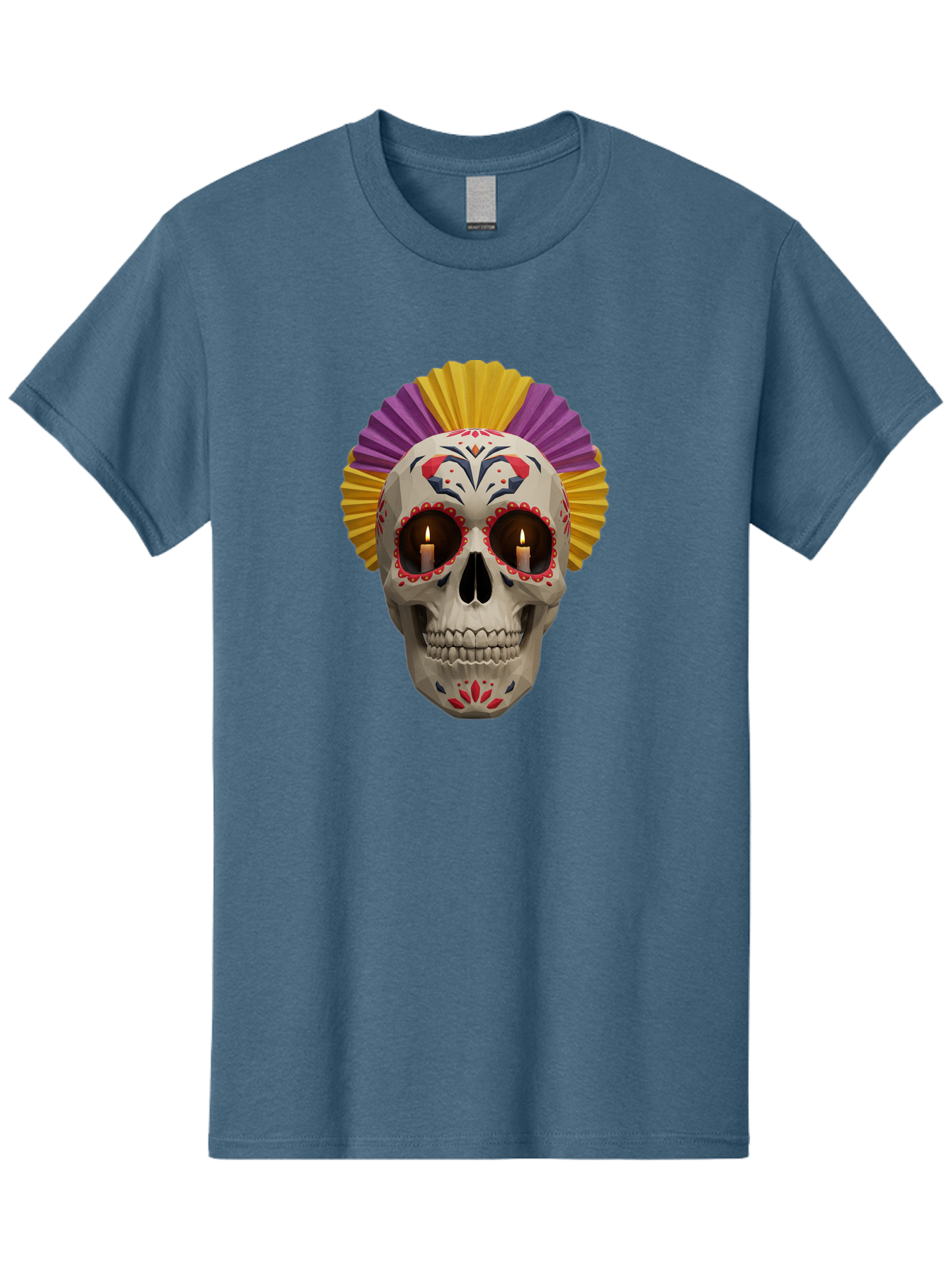 Sugar-Skull-6 Men'S Graphic Tee, 100% Cotton, Comfortable Casual Summer Wear, Machine Washable, Sugar Skull, Day Of The Dead, Mexican Culture, Lit Candles, Decorative Patterns, Vibrant Colors, Festive Decorations, Skull Art, Bad778