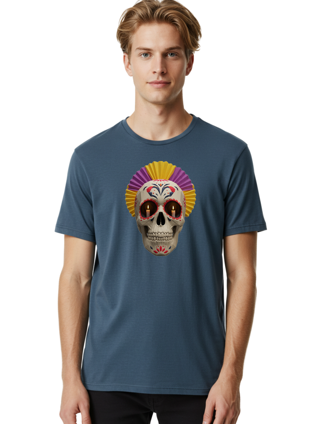 Sugar-Skull-6 Men'S Graphic Tee, 100% Cotton, Comfortable Casual Summer Wear, Machine Washable, Sugar Skull, Day Of The Dead, Mexican Culture, Lit Candles, Decorative Patterns, Vibrant Colors, Festive Decorations, Skull Art, Bad778