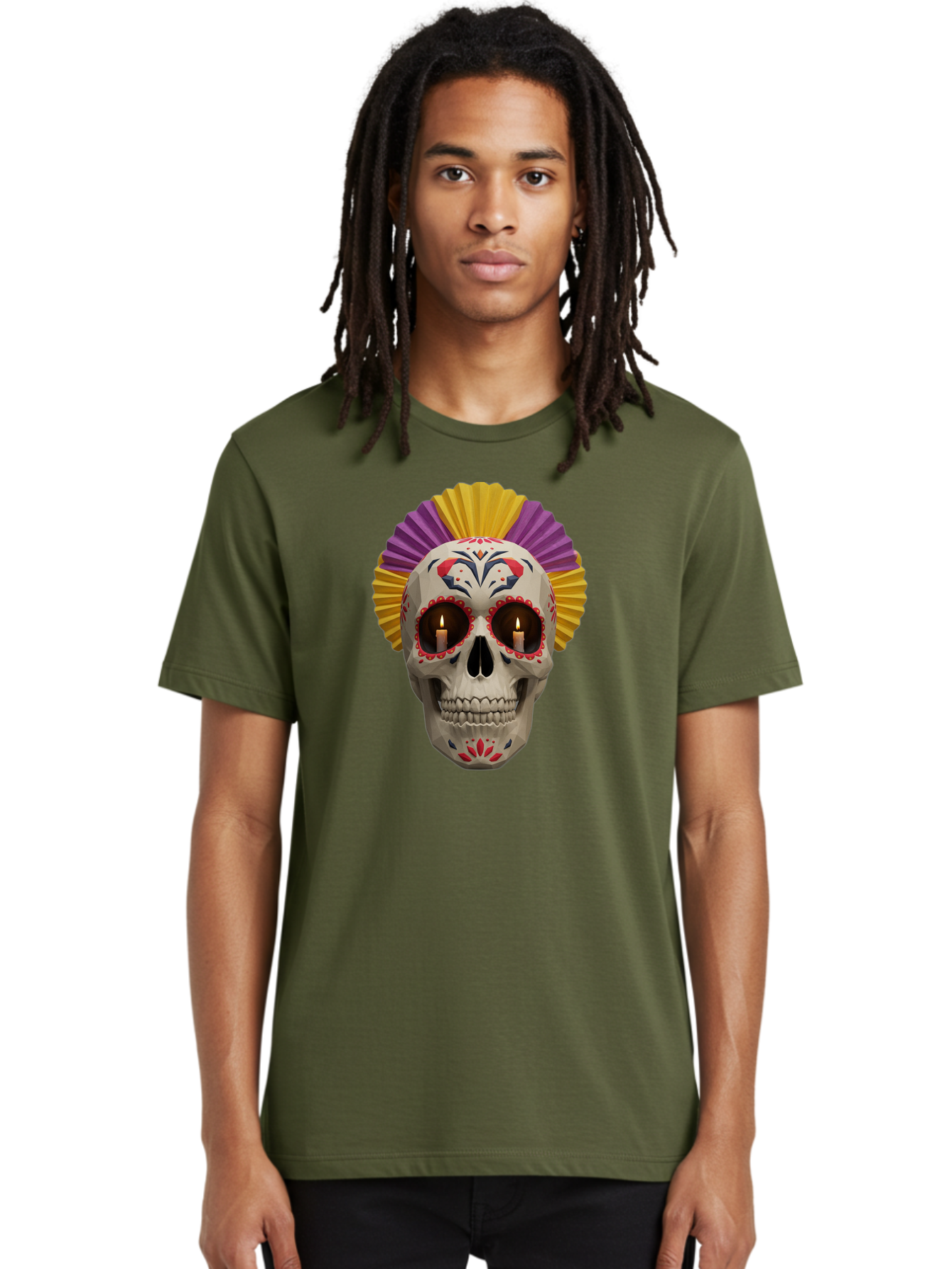 Sugar-Skull-6 Men'S Graphic Tee, 100% Cotton, Comfortable Casual Summer Wear, Machine Washable, Sugar Skull, Day Of The Dead, Mexican Culture, Lit Candles, Decorative Patterns, Vibrant Colors, Festive Decorations, Skull Art, Bad778