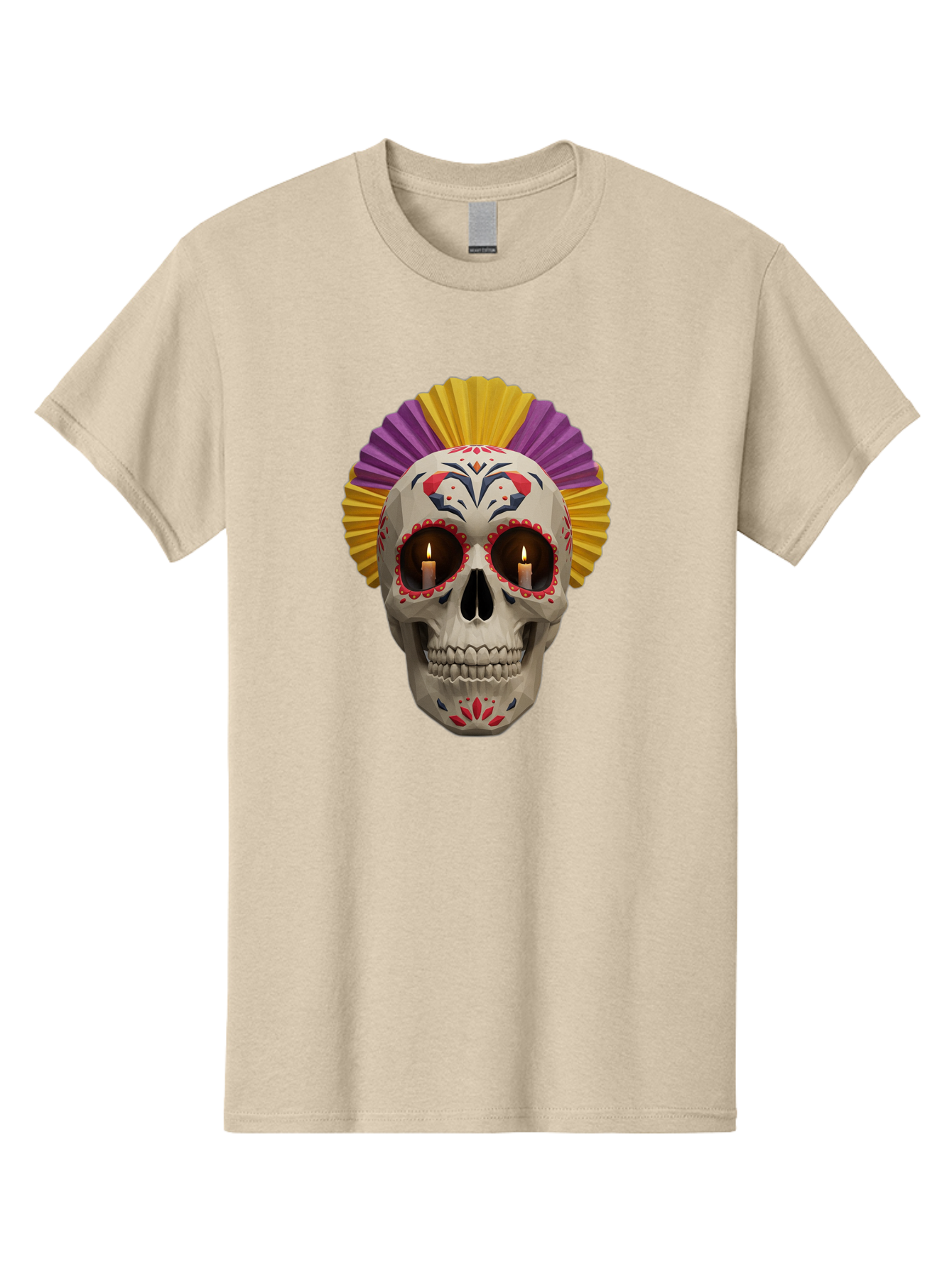 Sugar-Skull-6 Men'S Graphic Tee, 100% Cotton, Comfortable Casual Summer Wear, Machine Washable, Sugar Skull, Day Of The Dead, Mexican Culture, Lit Candles, Decorative Patterns, Vibrant Colors, Festive Decorations, Skull Art, Bad778