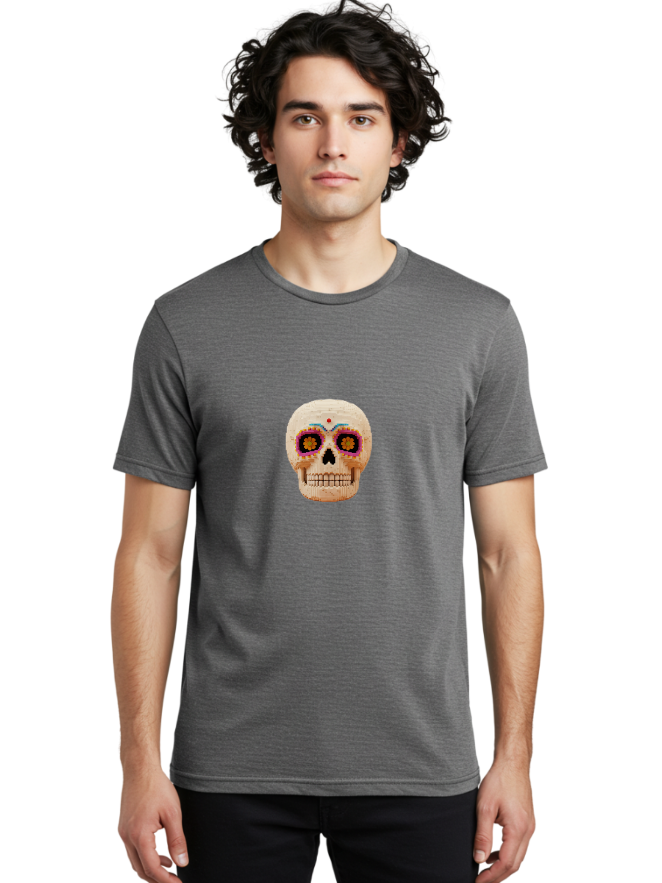Sugar-Skull-7 Men'S Graphic Tee, 100% Cotton, Comfortable Casual Summer Wear, Machine Washable, Sugar Skull Decoration, Day Of The Dead, Colorful Skull, Mexican Culture, Festive Design, Vibrant Colors, Floral Patterns, Traditional Art Bad779