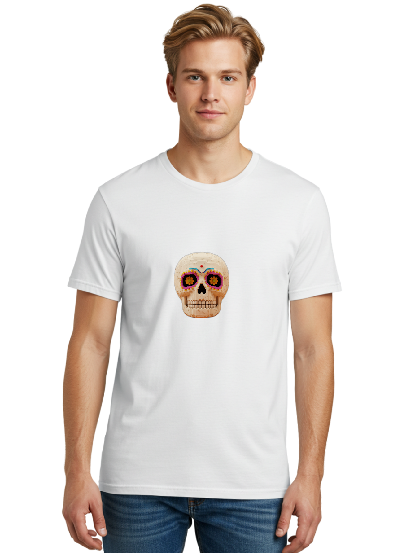 Sugar-Skull-7 Men'S Graphic Tee, 100% Cotton, Comfortable Casual Summer Wear, Machine Washable, Sugar Skull Decoration, Day Of The Dead, Colorful Skull, Mexican Culture, Festive Design, Vibrant Colors, Floral Patterns, Traditional Art Bad779
